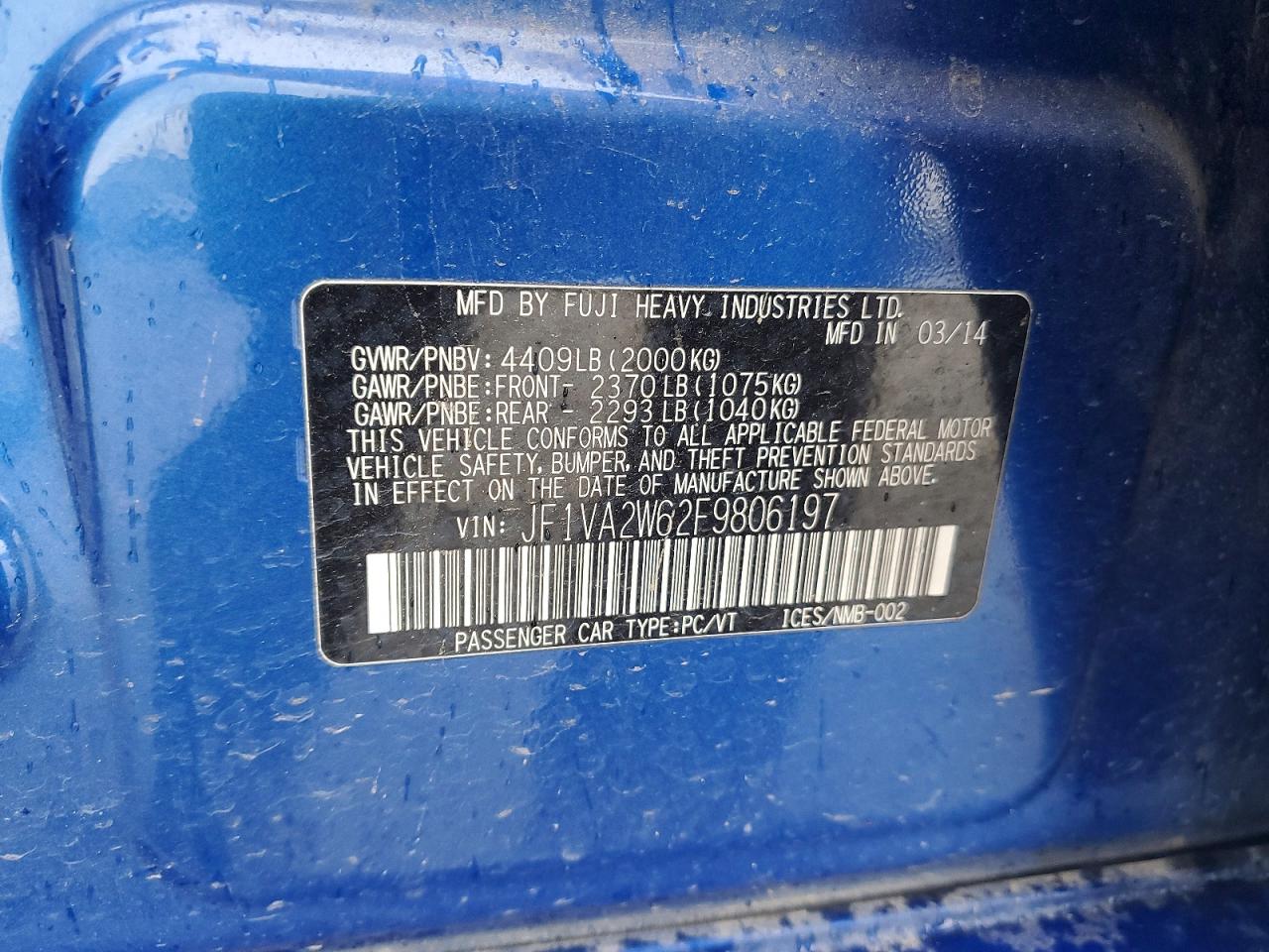 2015 Subaru Wrx Sti Launch Edition Blue vin: JF1VA2W62F9806197
