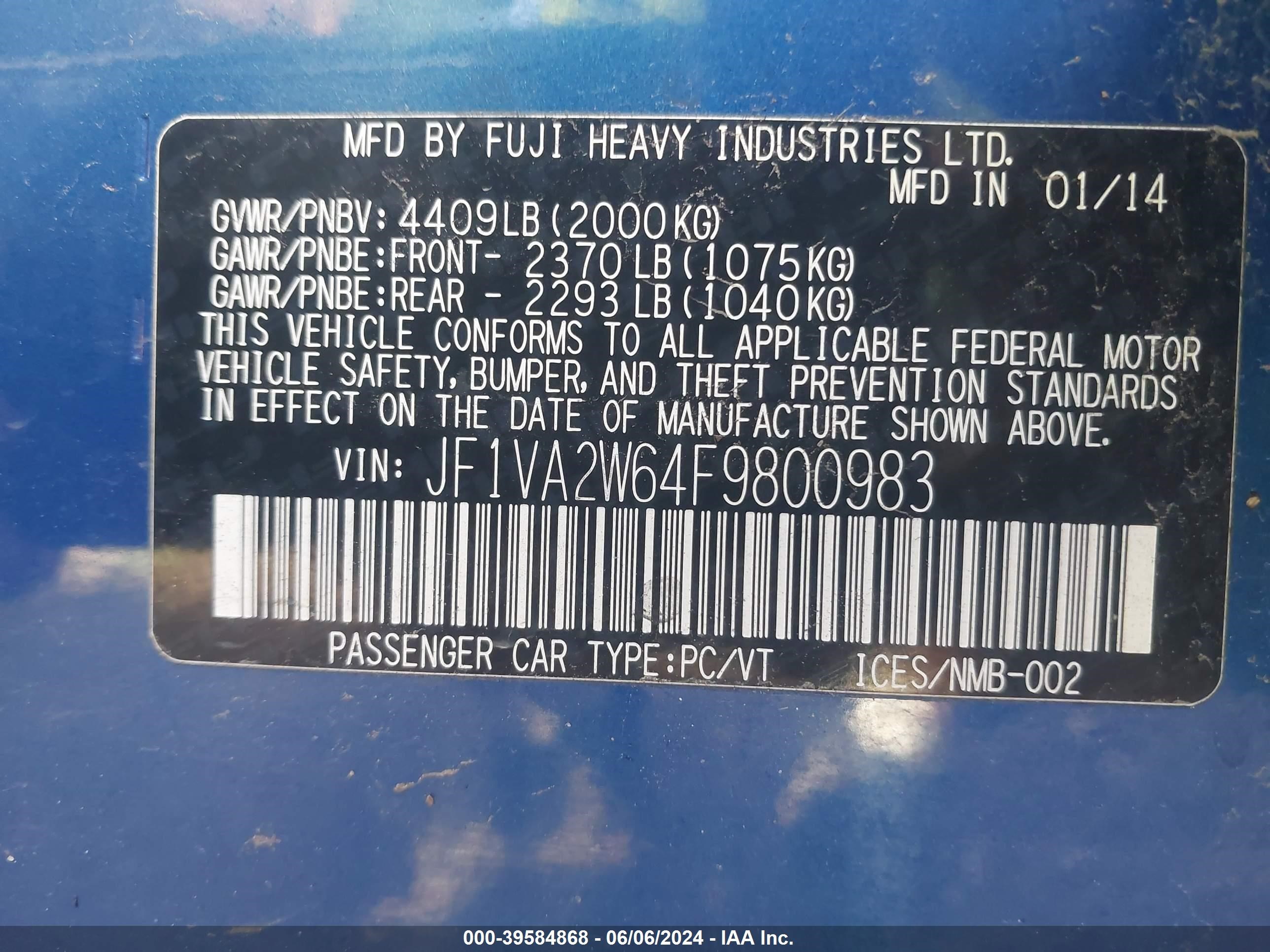 2015 Subaru Wrx Sti Launch Edition Blue vin: JF1VA2W64F9800983