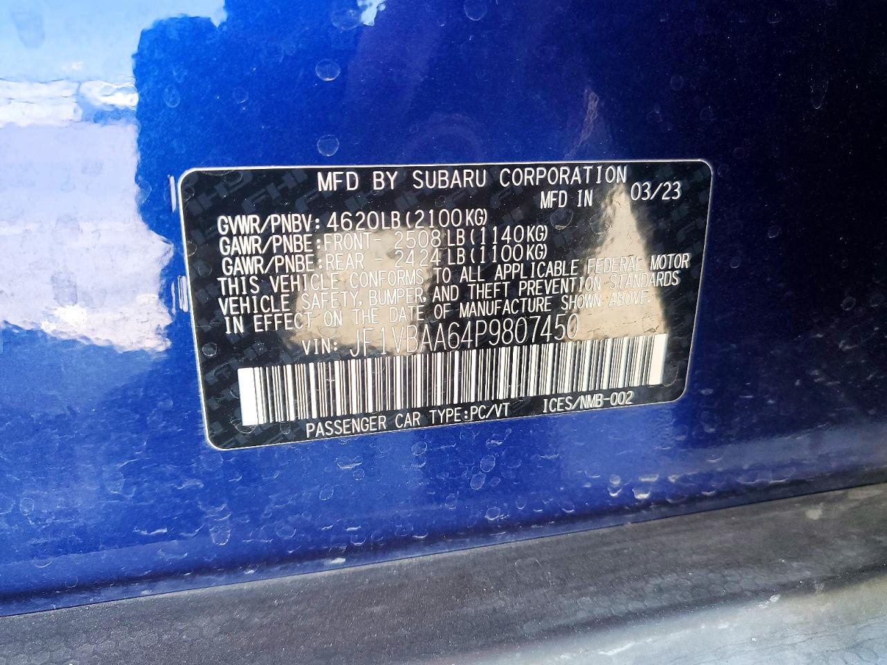 2023 Subaru Wrx Blue vin: JF1VBAA64P9807450