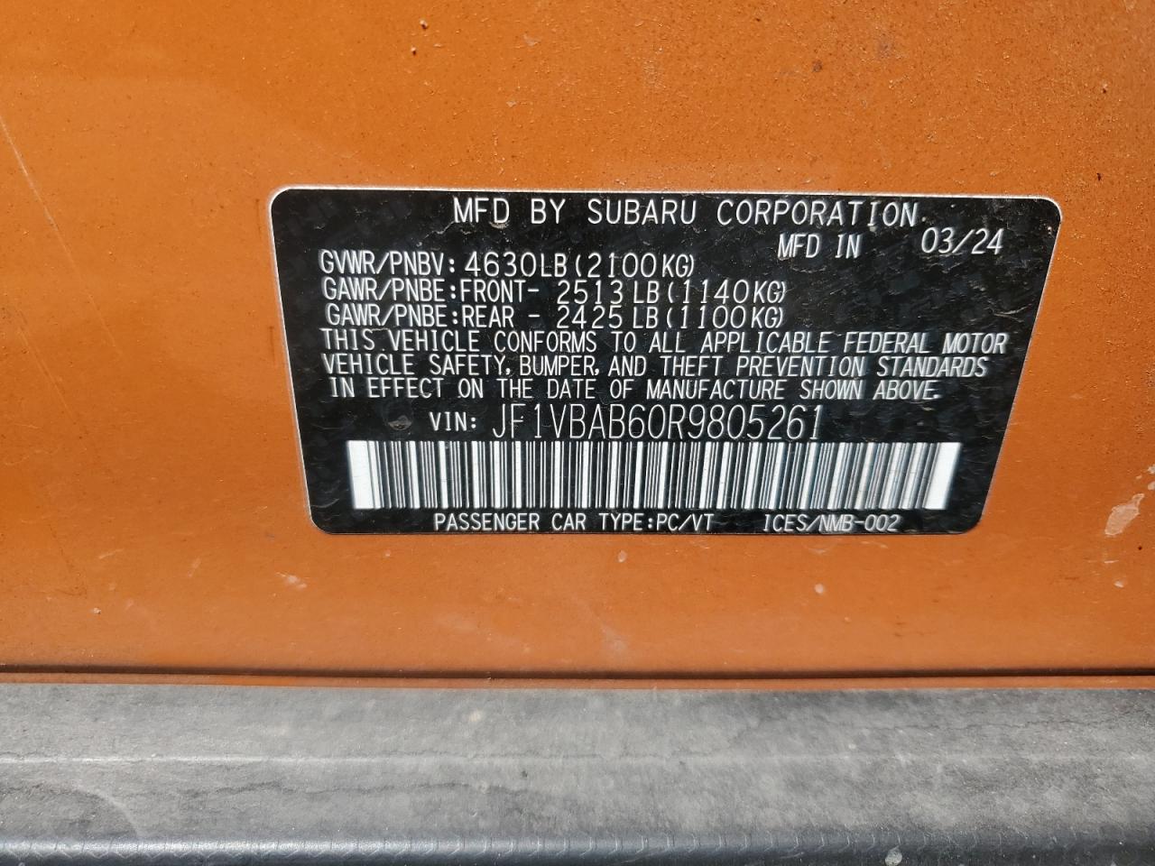 2024 Subaru Wrx Orange vin: JF1VBAB60R9805261