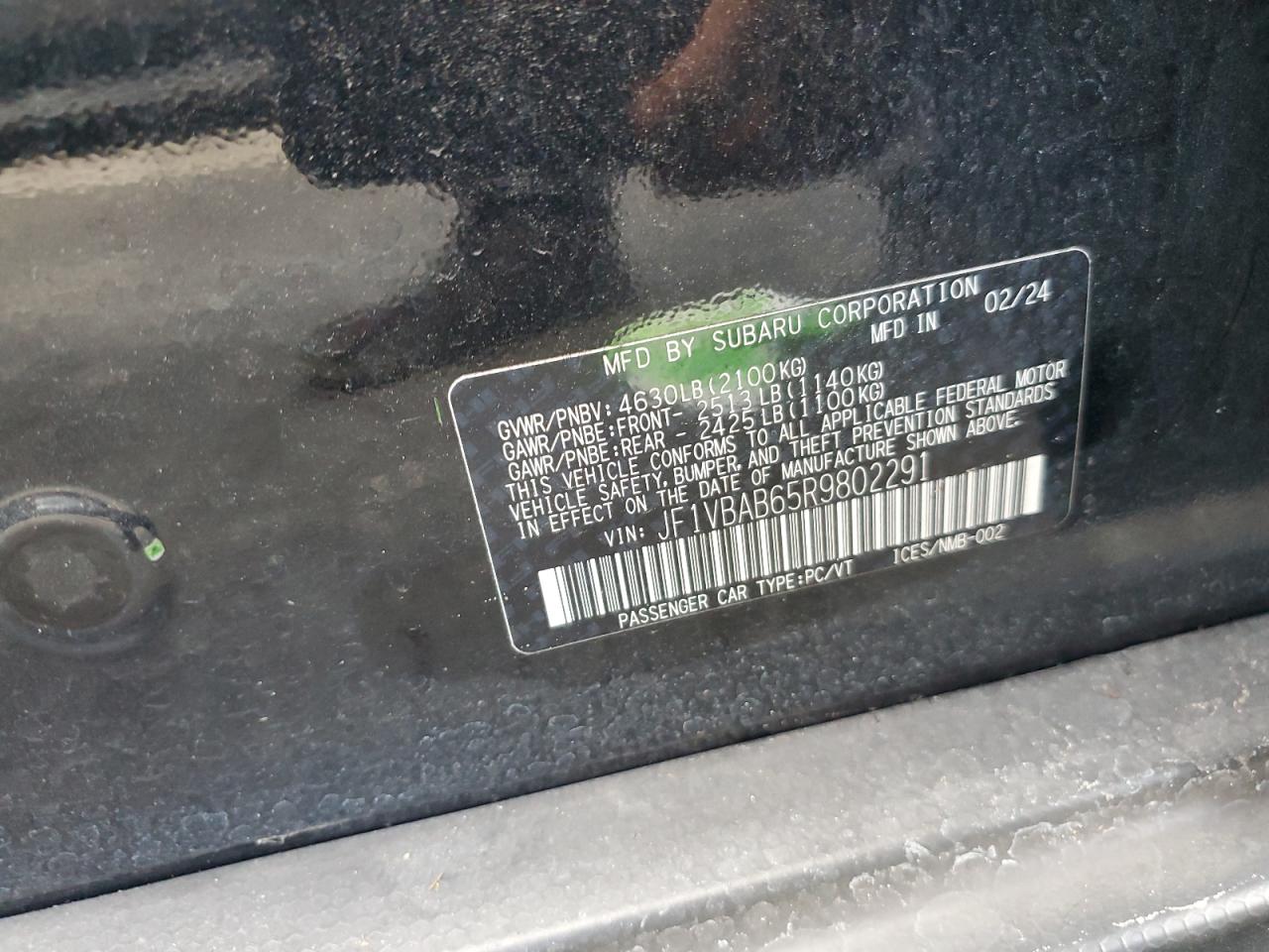 2024 Subaru Wrx Black vin: JF1VBAB65R9802291