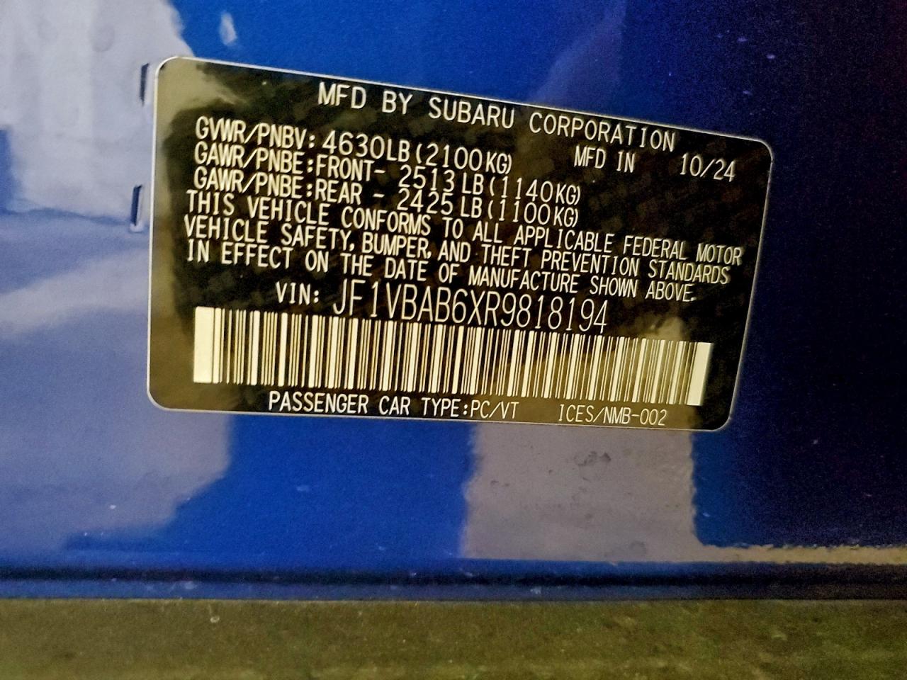 2024 Subaru Wrx Blue vin: JF1VBAB6XR9818194
