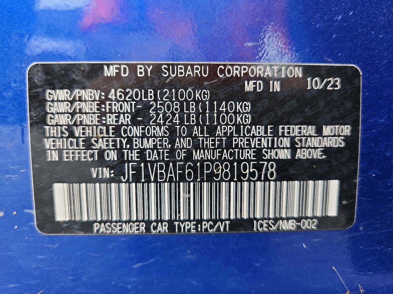 2023 Subaru Wrx Premium Blue vin: JF1VBAF61P9819578