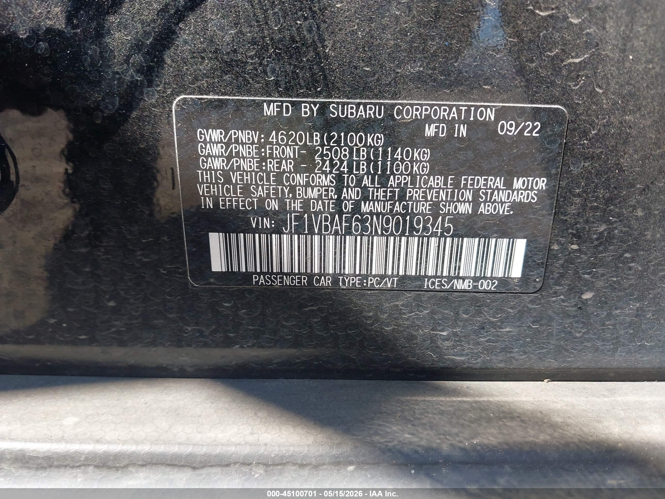 2022 Subaru Wrx Premium Black vin: JF1VBAF63N9019345