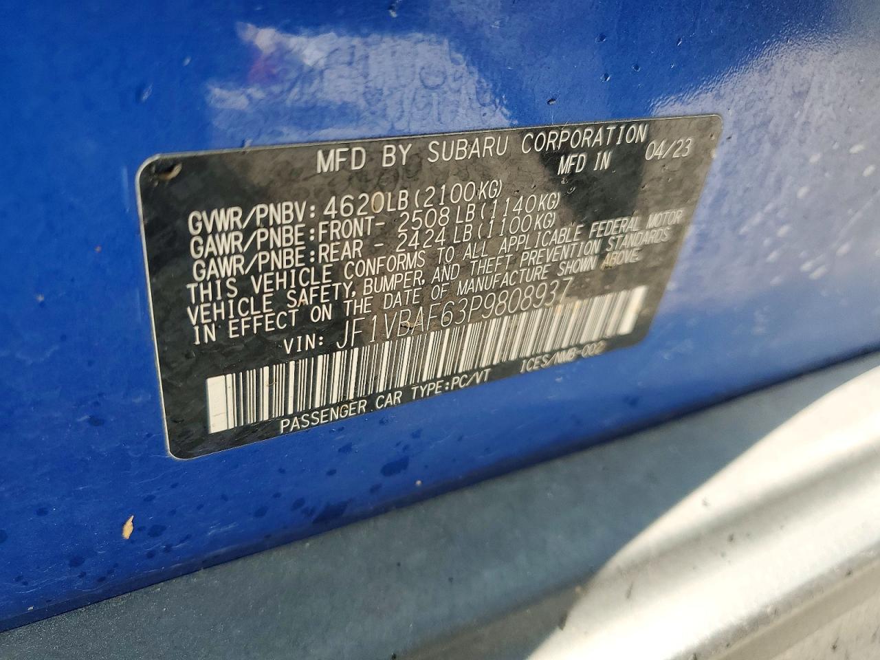 2023 Subaru Wrx Premium Blue vin: JF1VBAF63P9808937