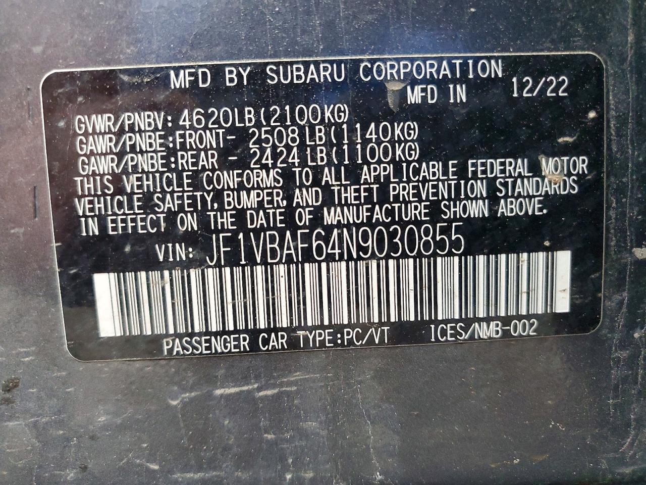 2022 Subaru Wrx Premium Charcoal vin: JF1VBAF64N9030855
