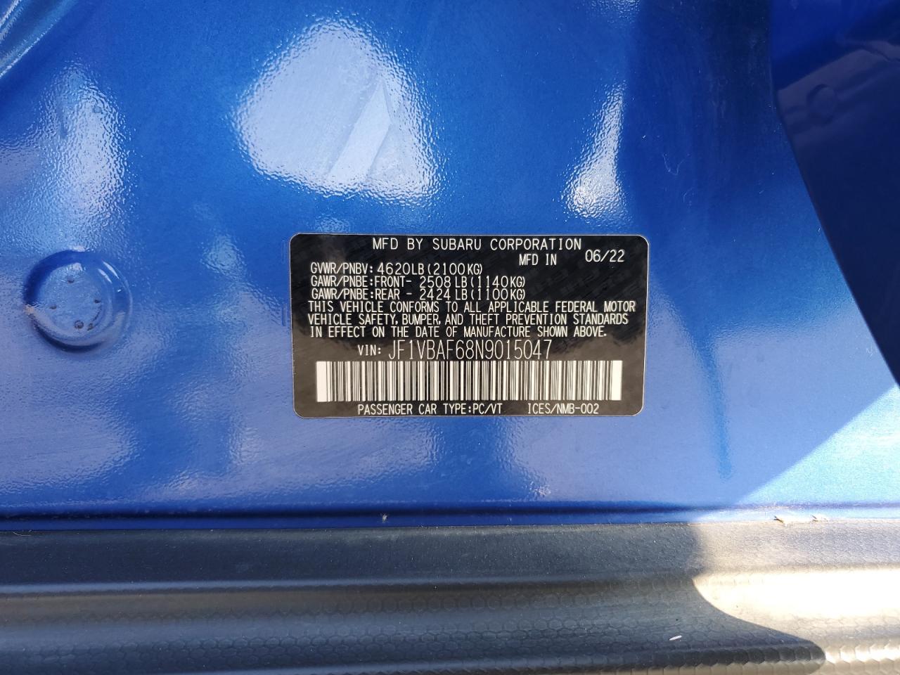 2022 Subaru Wrx Premium Blue vin: JF1VBAF68N9015047