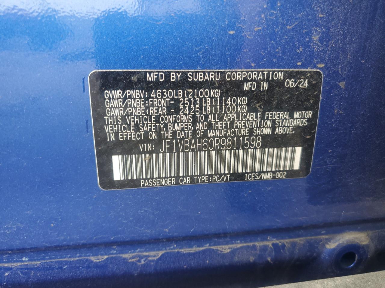 2024 Subaru Wrx Premium Blue vin: JF1VBAH60R9811598