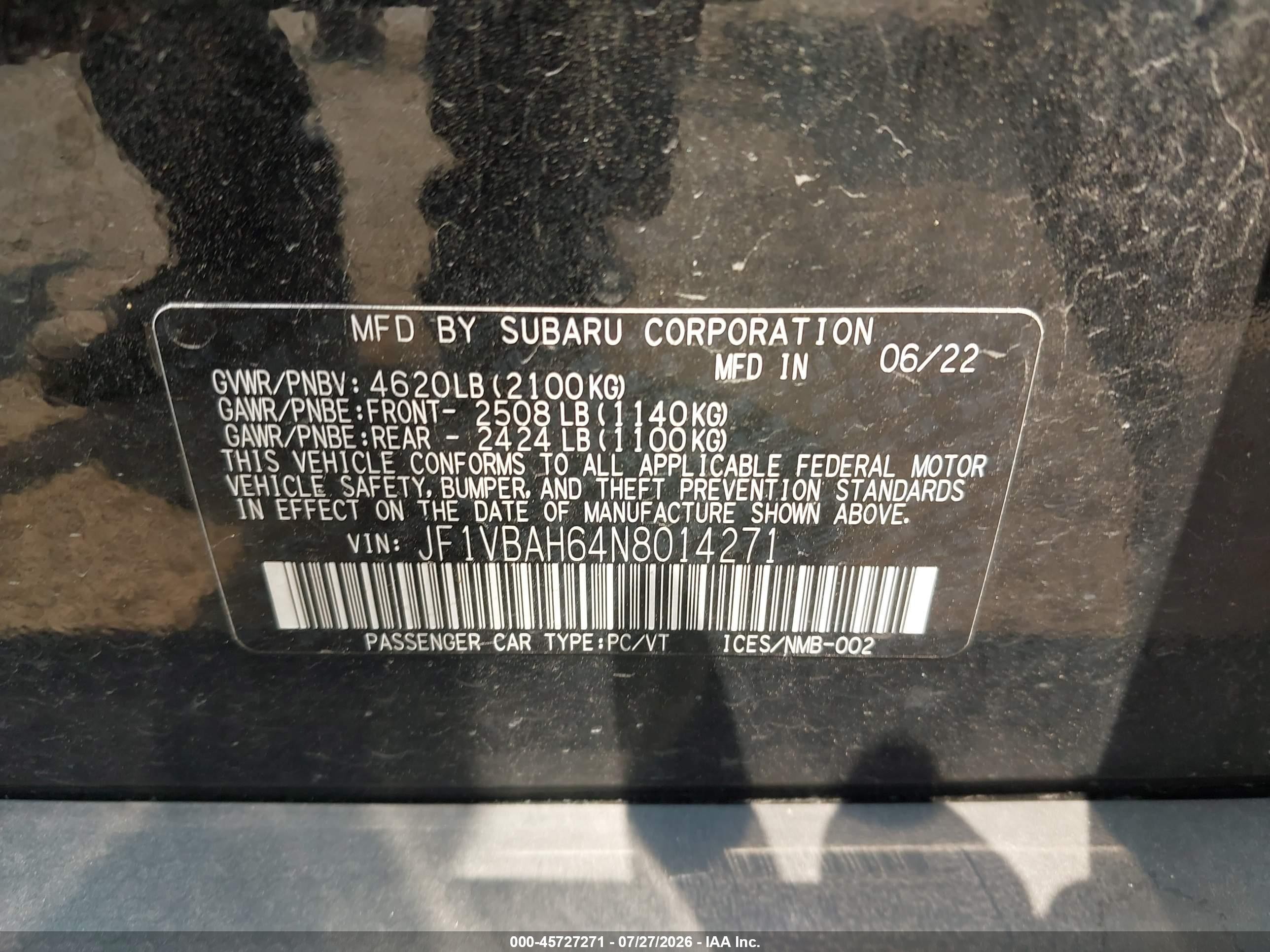 2022 Subaru Wrx Premium Black vin: JF1VBAH64N8014271