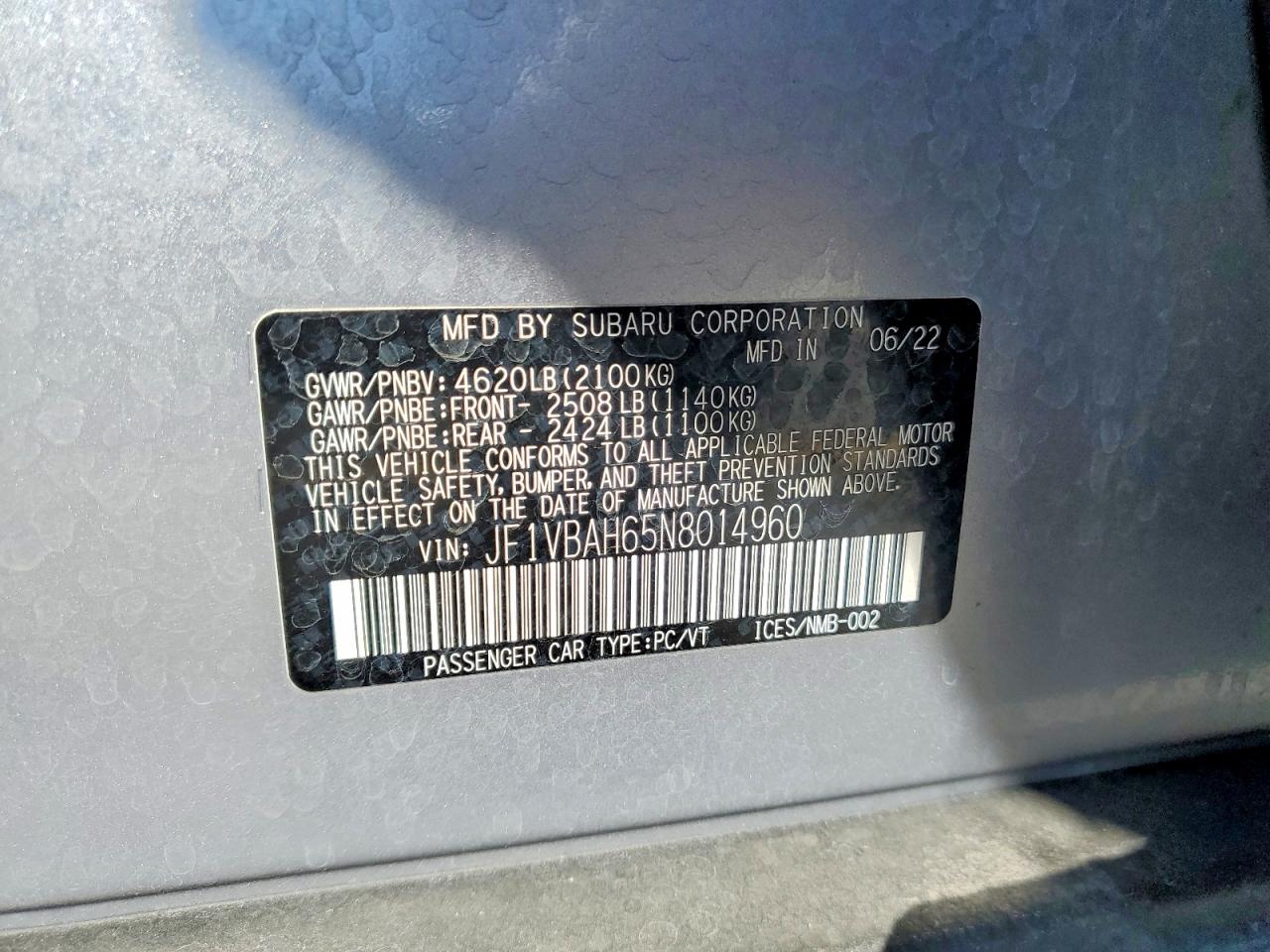 2022 Subaru Wrx Premium Silver vin: JF1VBAH65N8014960