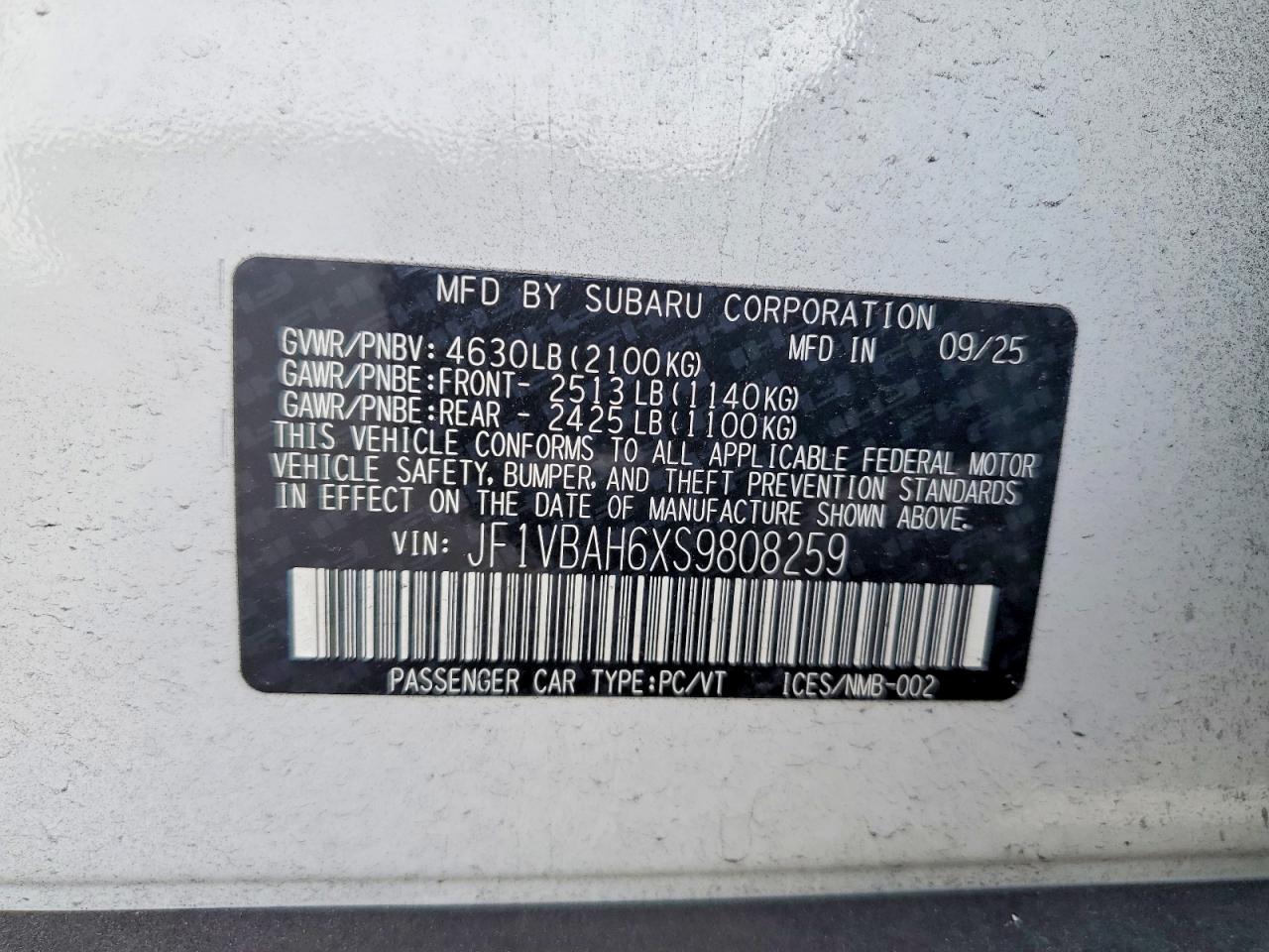 2025 Subaru Wrx Premium White vin: JF1VBAH6XS9808259