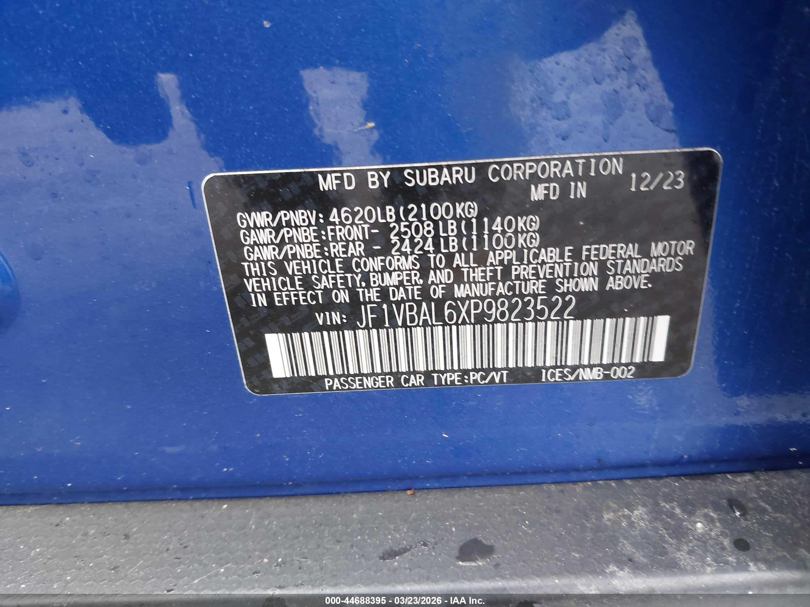2023 Subaru Wrx Limited Blue vin: JF1VBAL6XP9823522