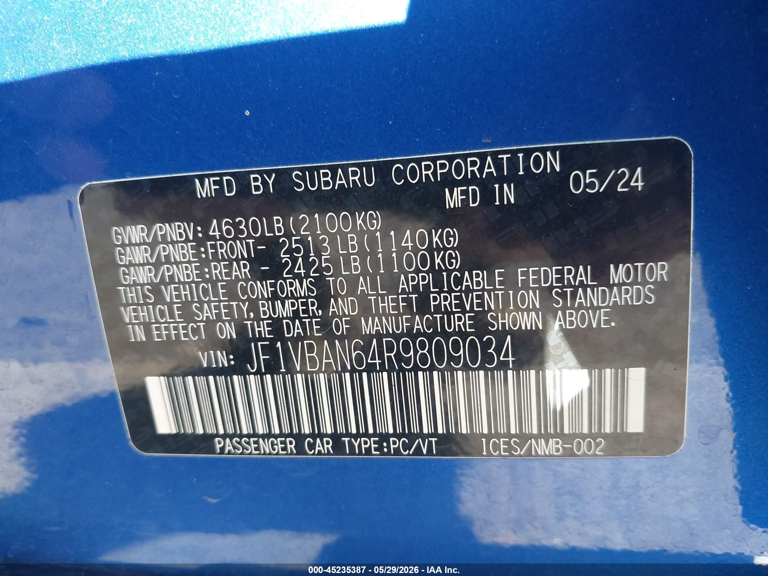2024 Subaru Wrx Limited Blue vin: JF1VBAN64R9809034