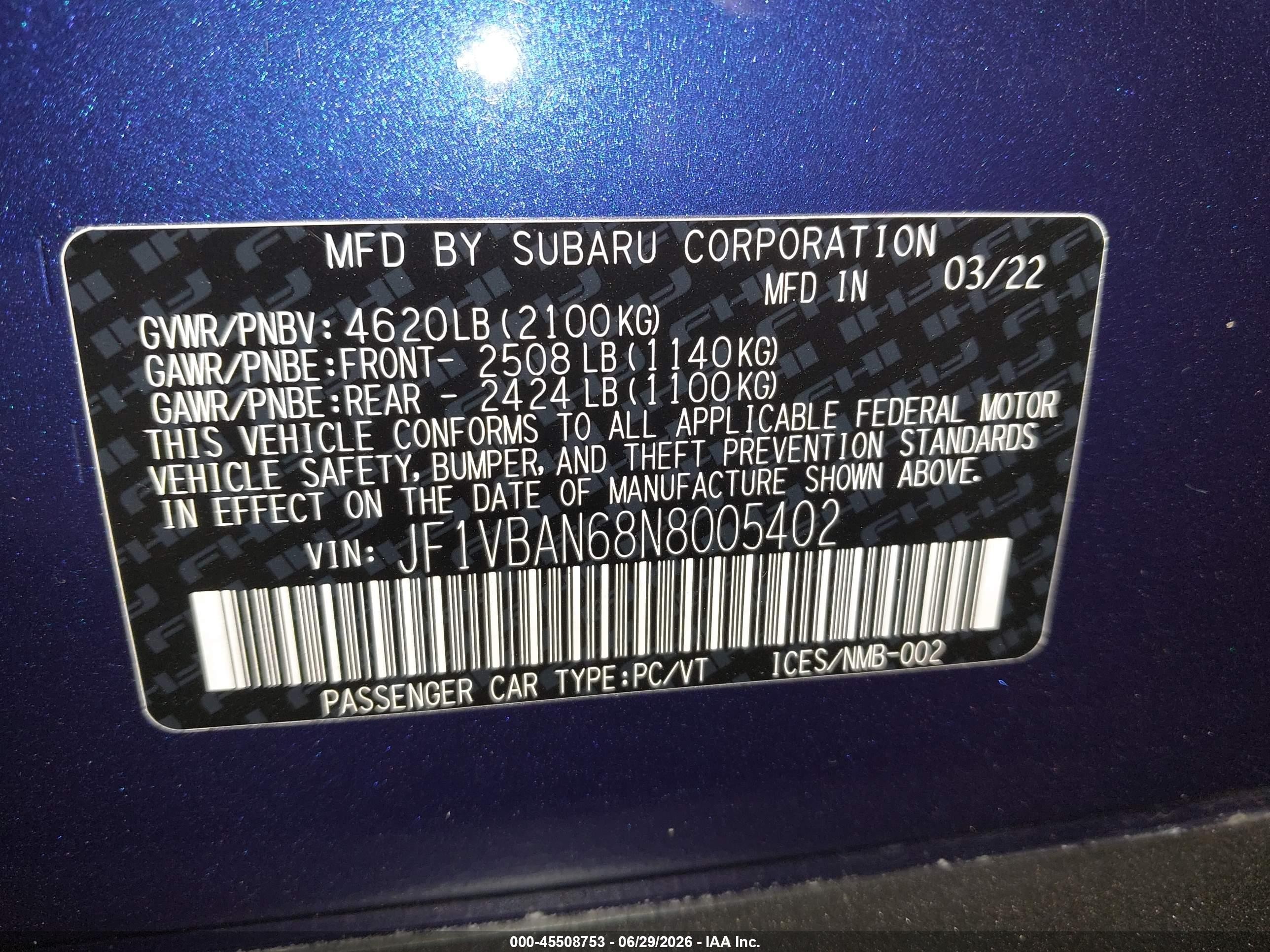 2022 Subaru Wrx Limited Blue vin: JF1VBAN68N8005402