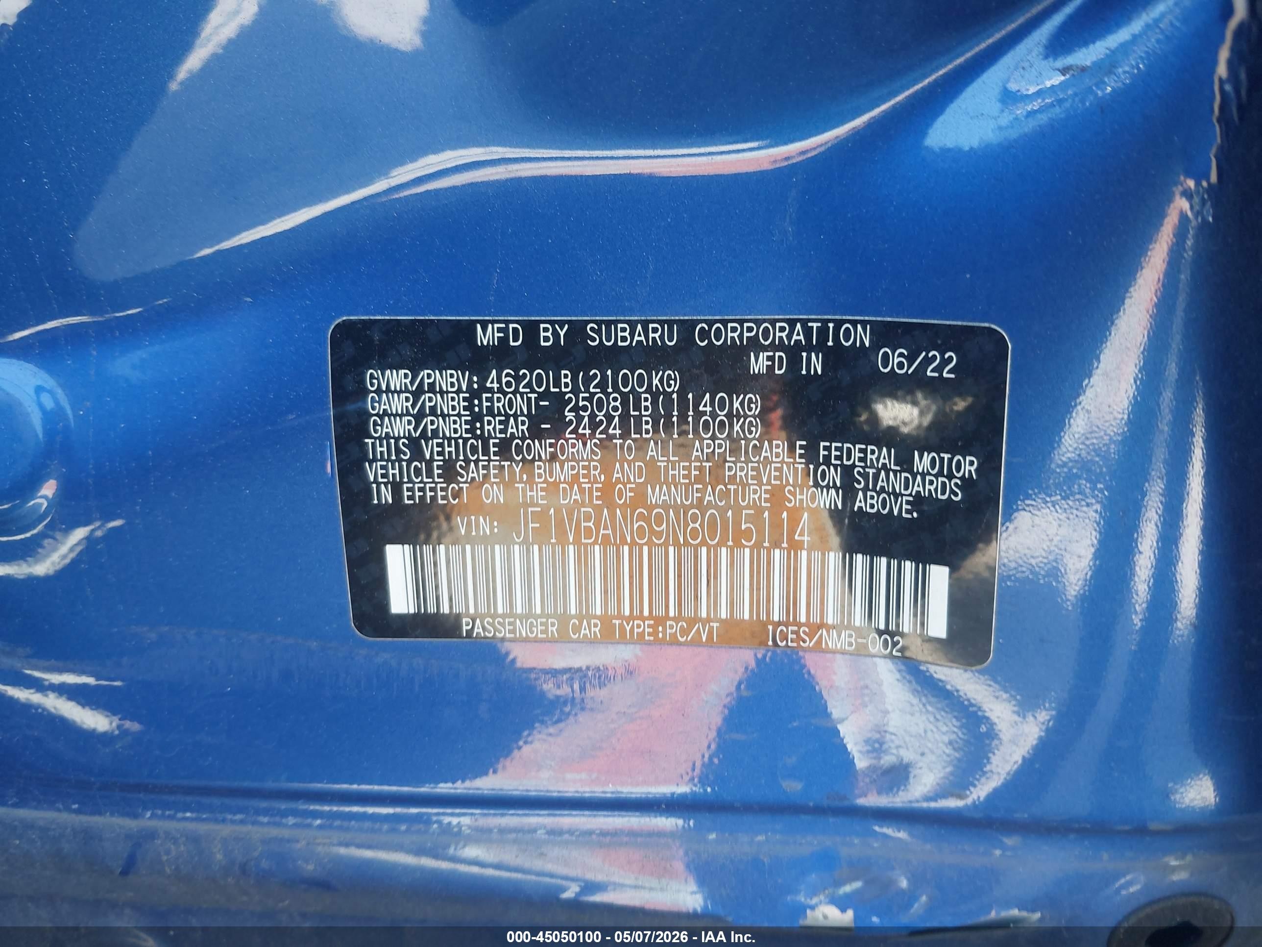 2022 Subaru Wrx Limited Blue vin: JF1VBAN69N8015114
