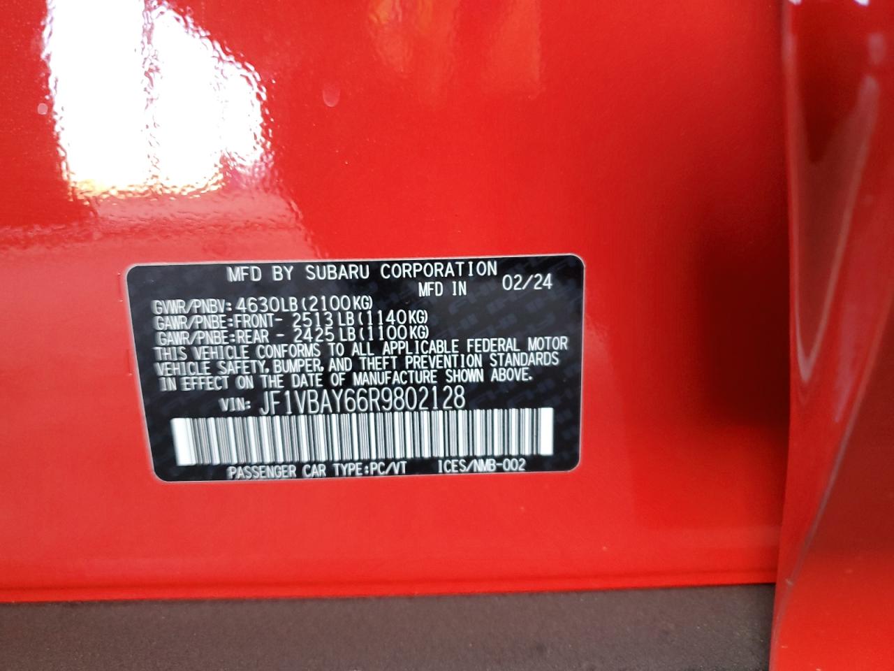 2024 Subaru Wrx Tr Red vin: JF1VBAY66R9802128