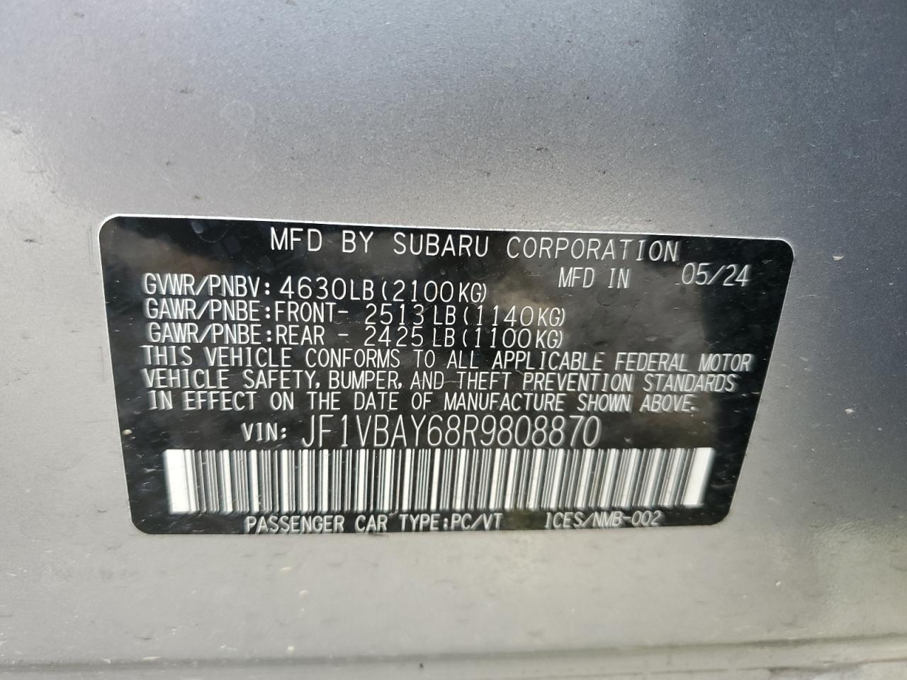 2024 Subaru Wrx Tr Серебряный vin: JF1VBAY68R9808870