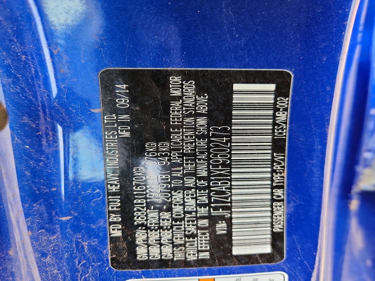 2015 Subaru Brz 2.0 Premium Blue vin: JF1ZCAB1XF9602473