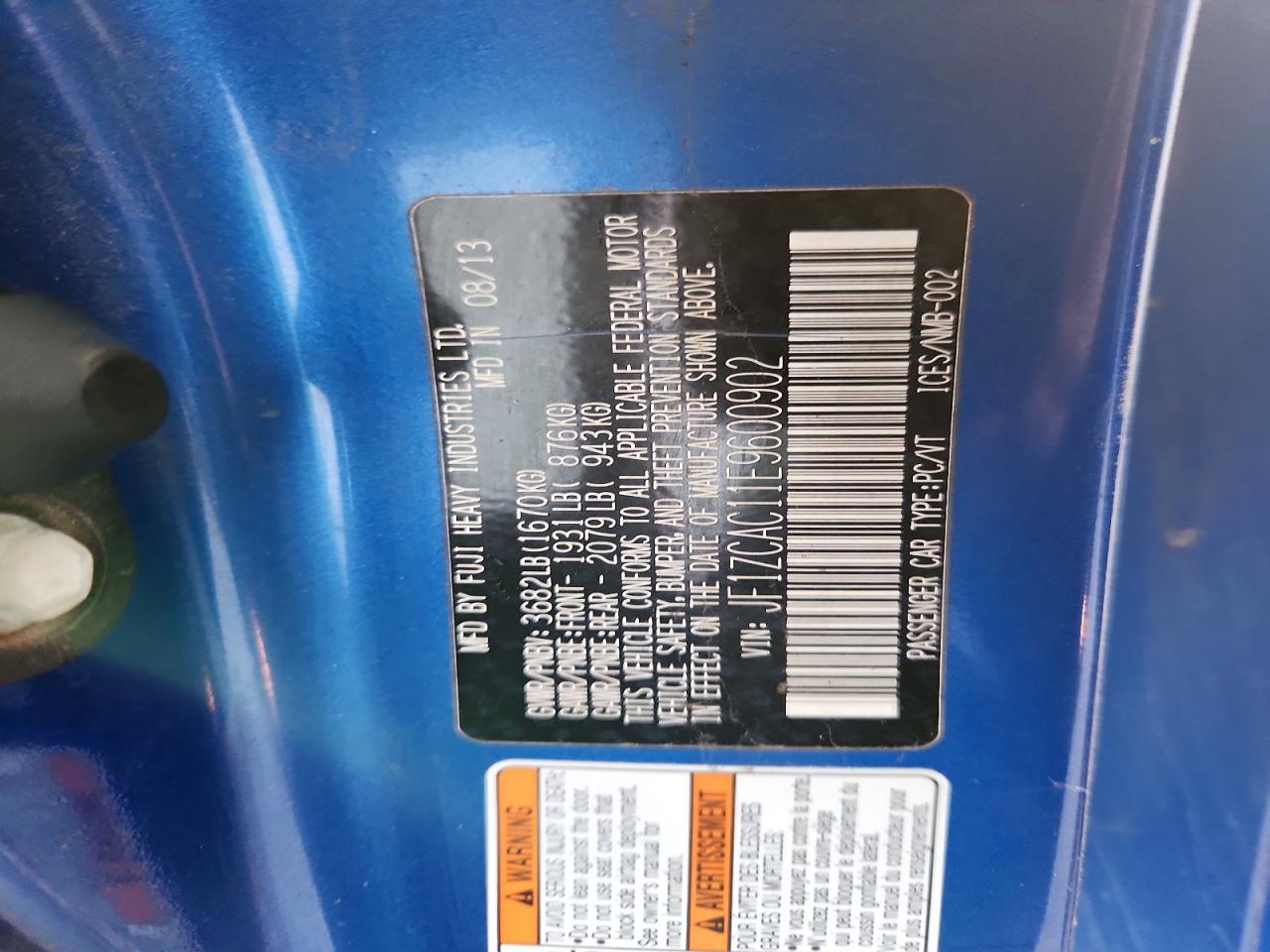 2014 Subaru Brz 2.0 Limited Blue vin: JF1ZCAC11E9600902