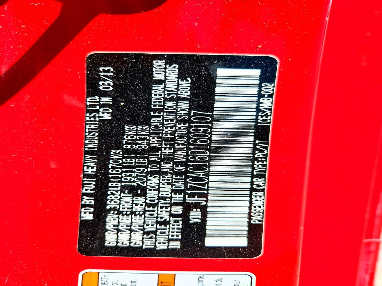 2013 Subaru Brz 2.0 Limited Red vin: JF1ZCAC16D1609107
