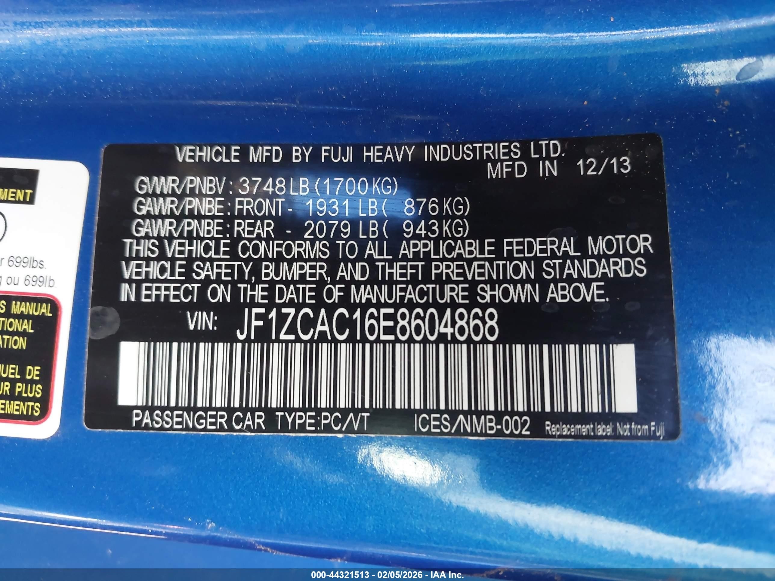 2014 Subaru Brz Limited Blue vin: JF1ZCAC16E8604868