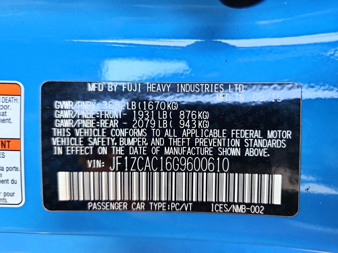 2016 Subaru Brz 2.0 Limited Blue vin: JF1ZCAC16G9600610
