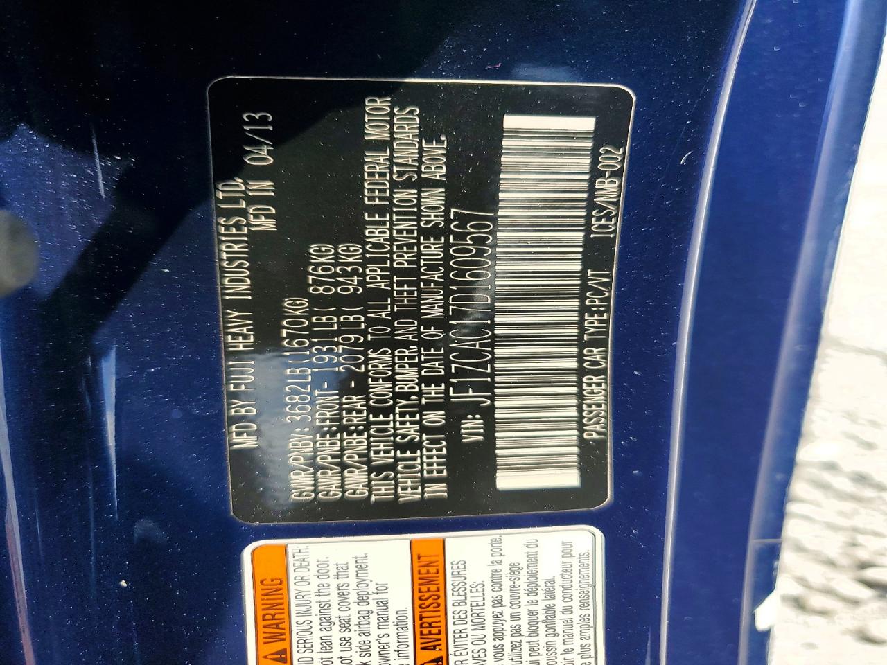 2013 Subaru Brz 2.0 Limited Blue vin: JF1ZCAC17D1609567