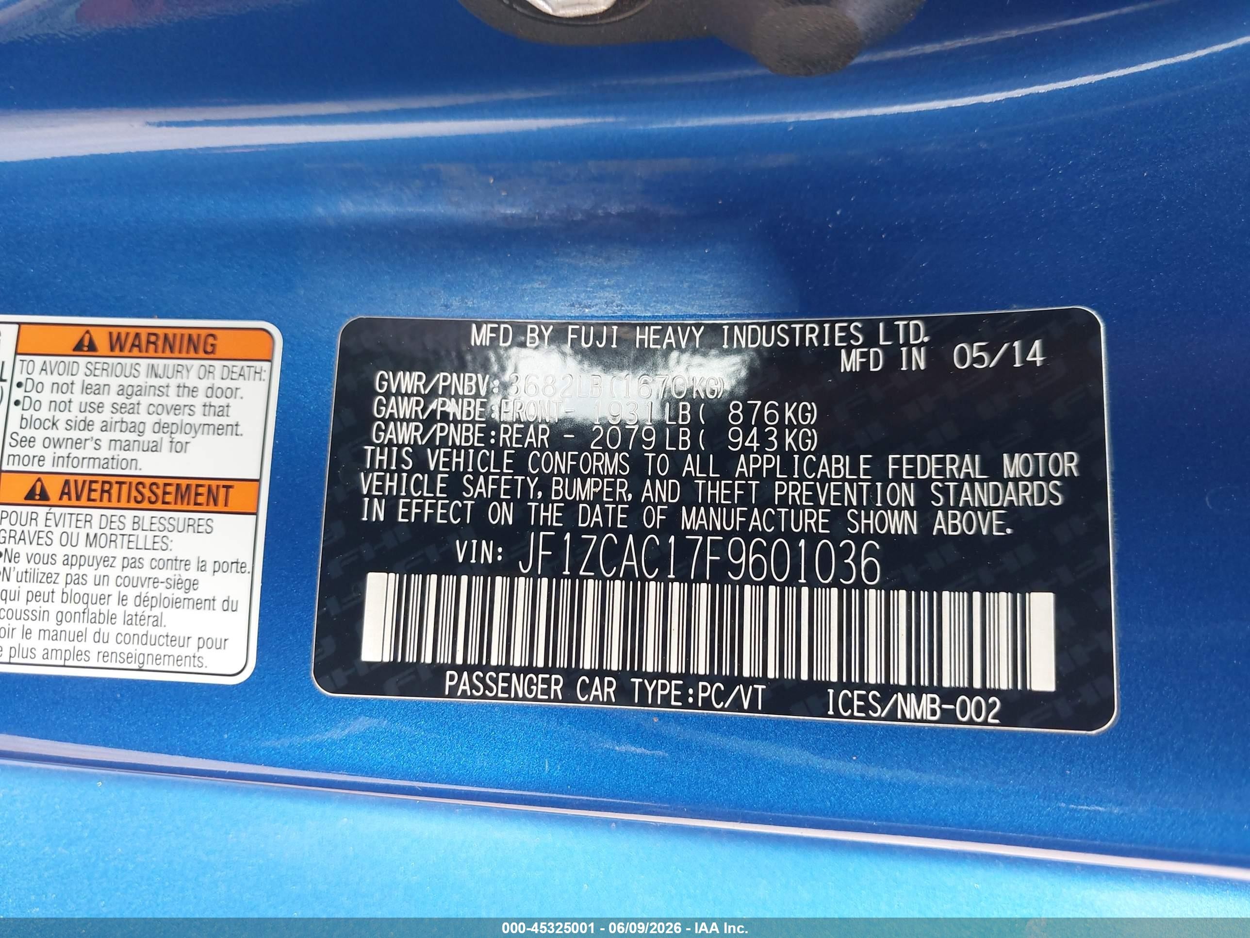 2015 Subaru Brz Series.blue Blue vin: JF1ZCAC17F9601036