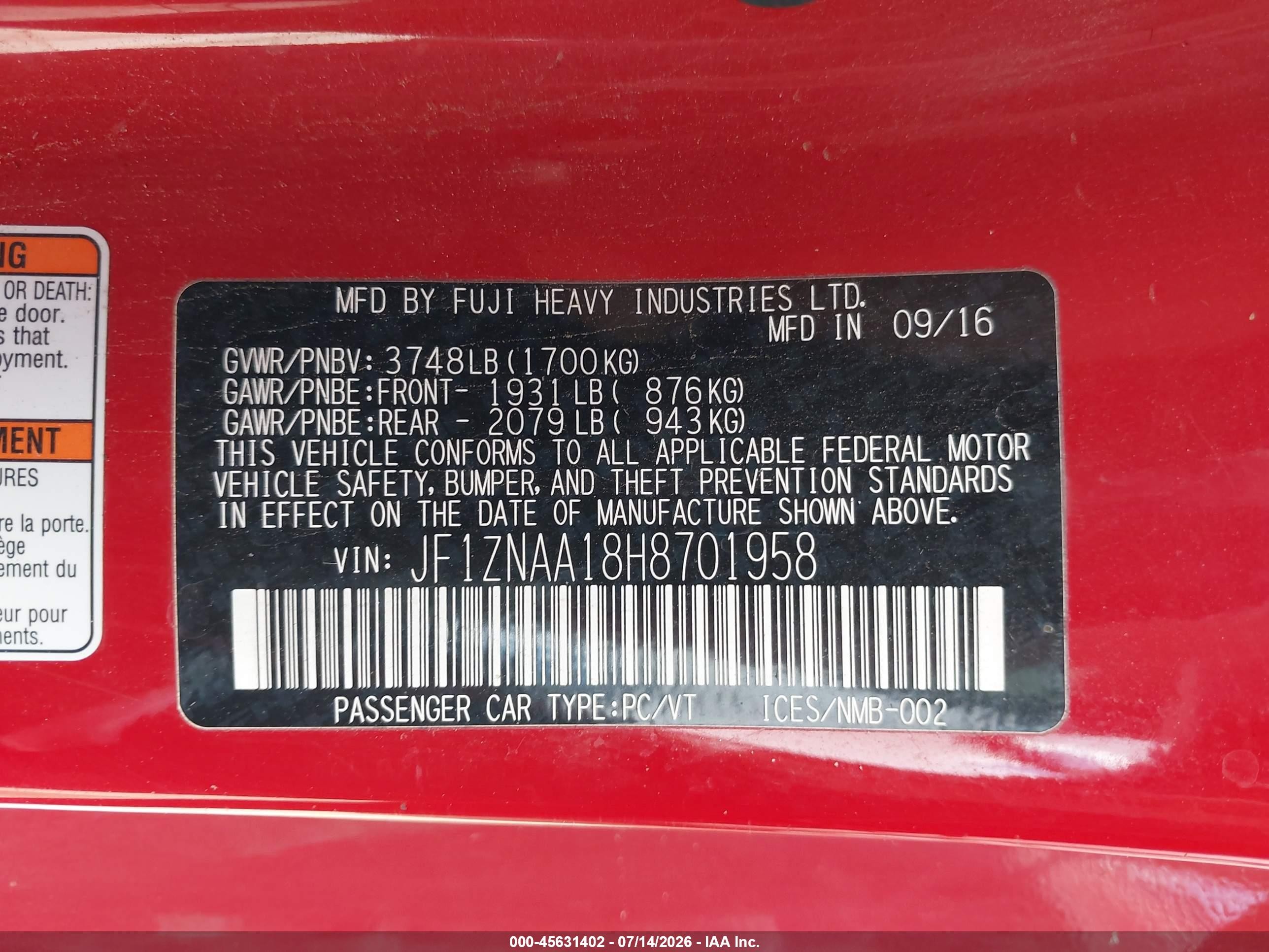 2017 Toyota 86   Red vin: JF1ZNAA18H8701958
