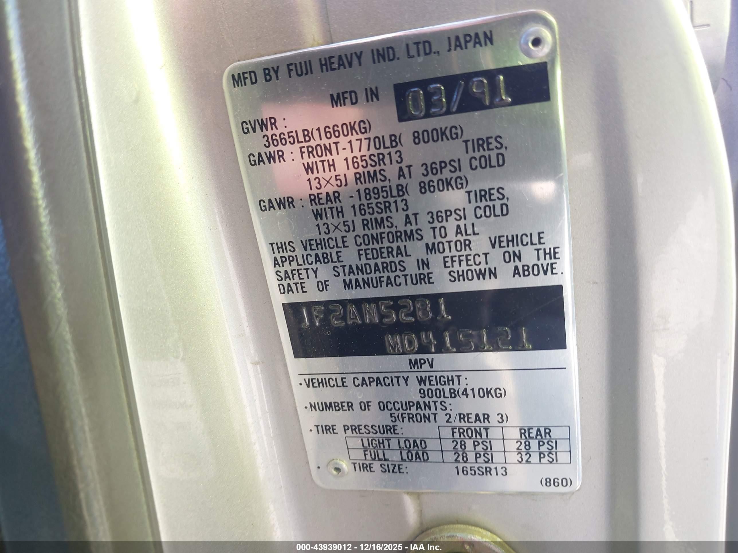 1991 Subaru Loyale   Silver vin: JF2AN52B1MD415121