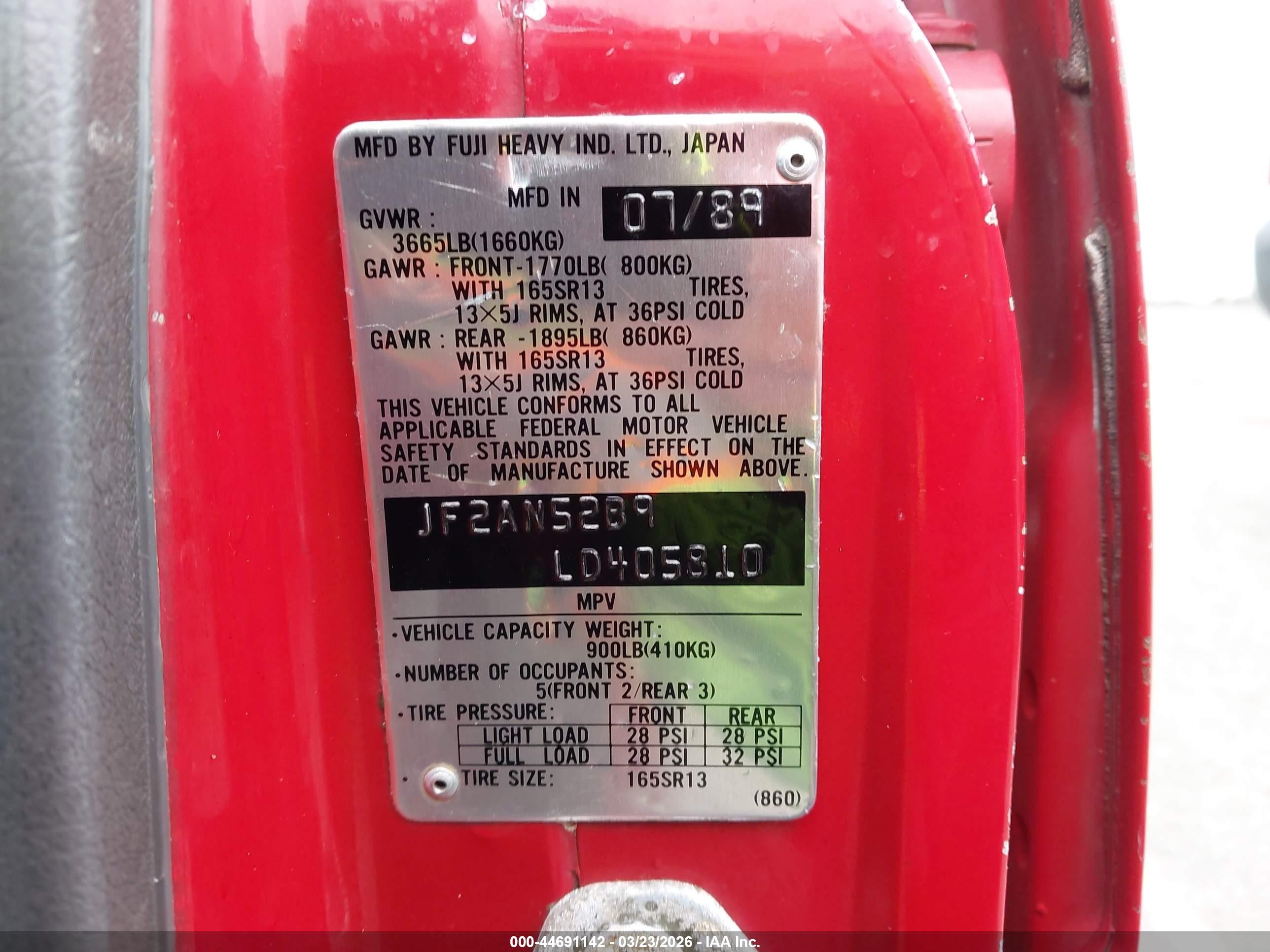 1990 Subaru Loyale   Red vin: JF2AN52B9LD405810