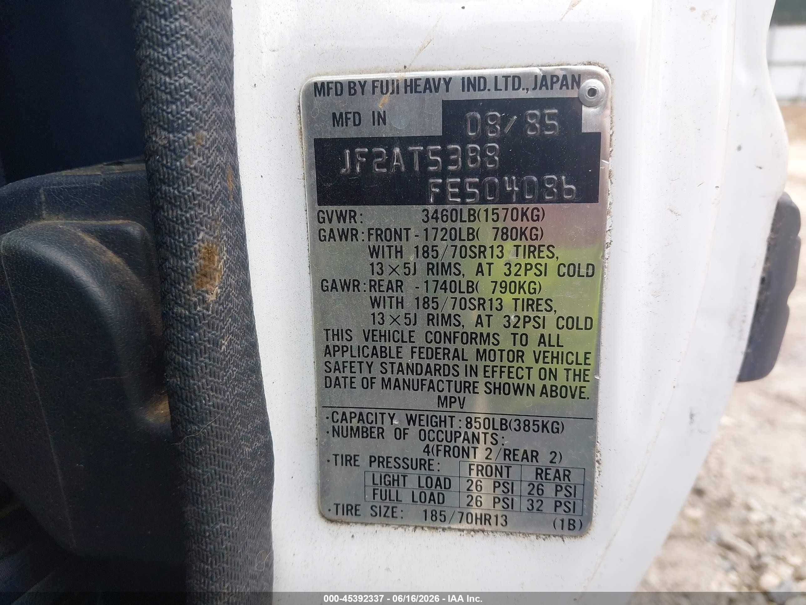 1985 Subaru Brat Gl White vin: JF2AT53B8FE504086