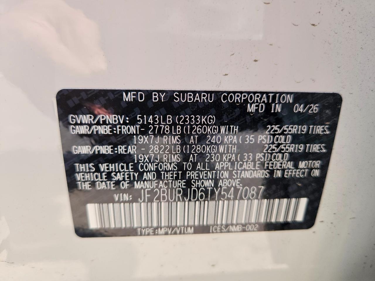 2026 Subaru Outback Touring Xt White vin: JF2BURJD6TY547087