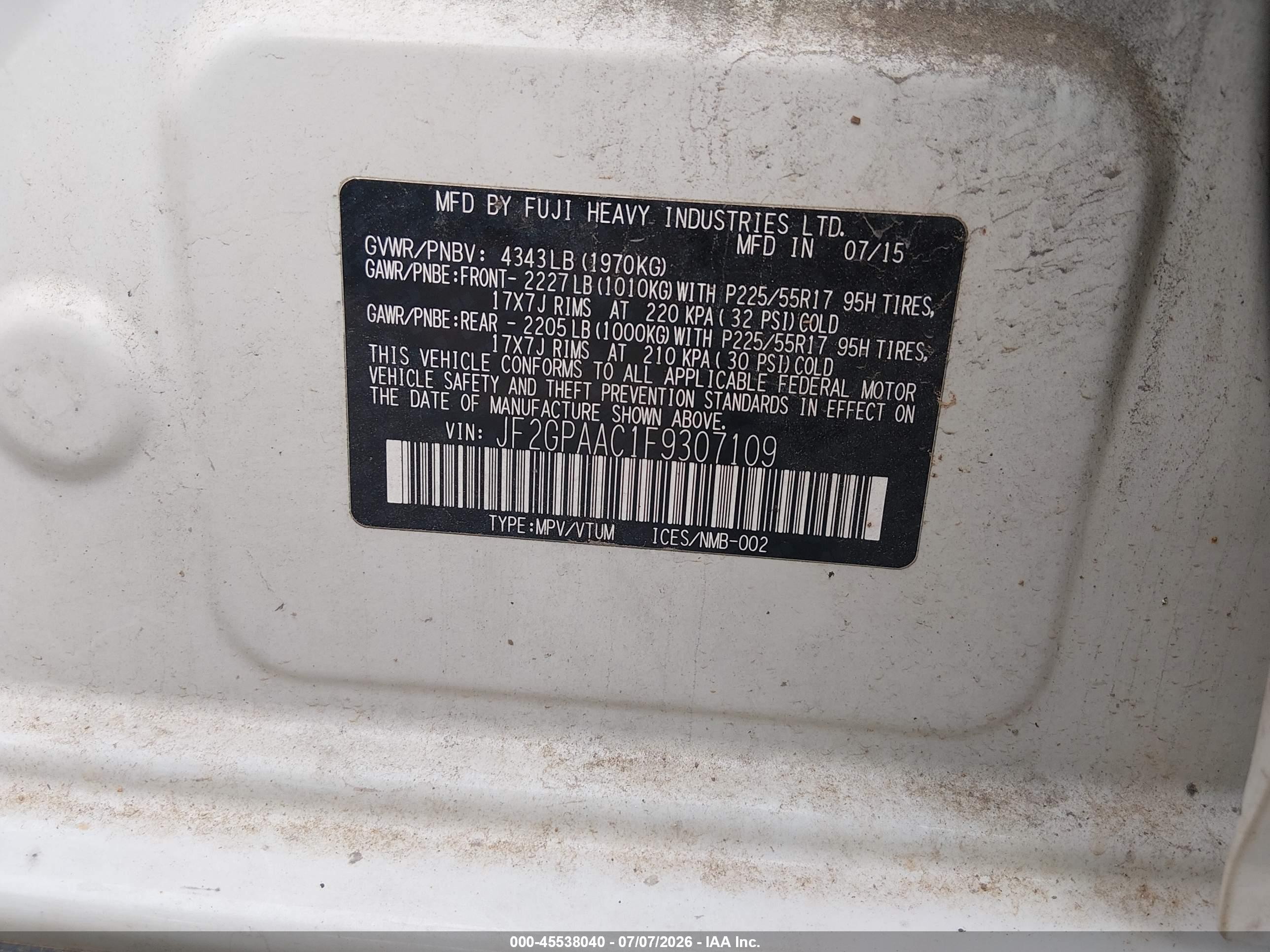 2015 Subaru Xv Crosstrek 2.0i White vin: JF2GPAAC1F9307109