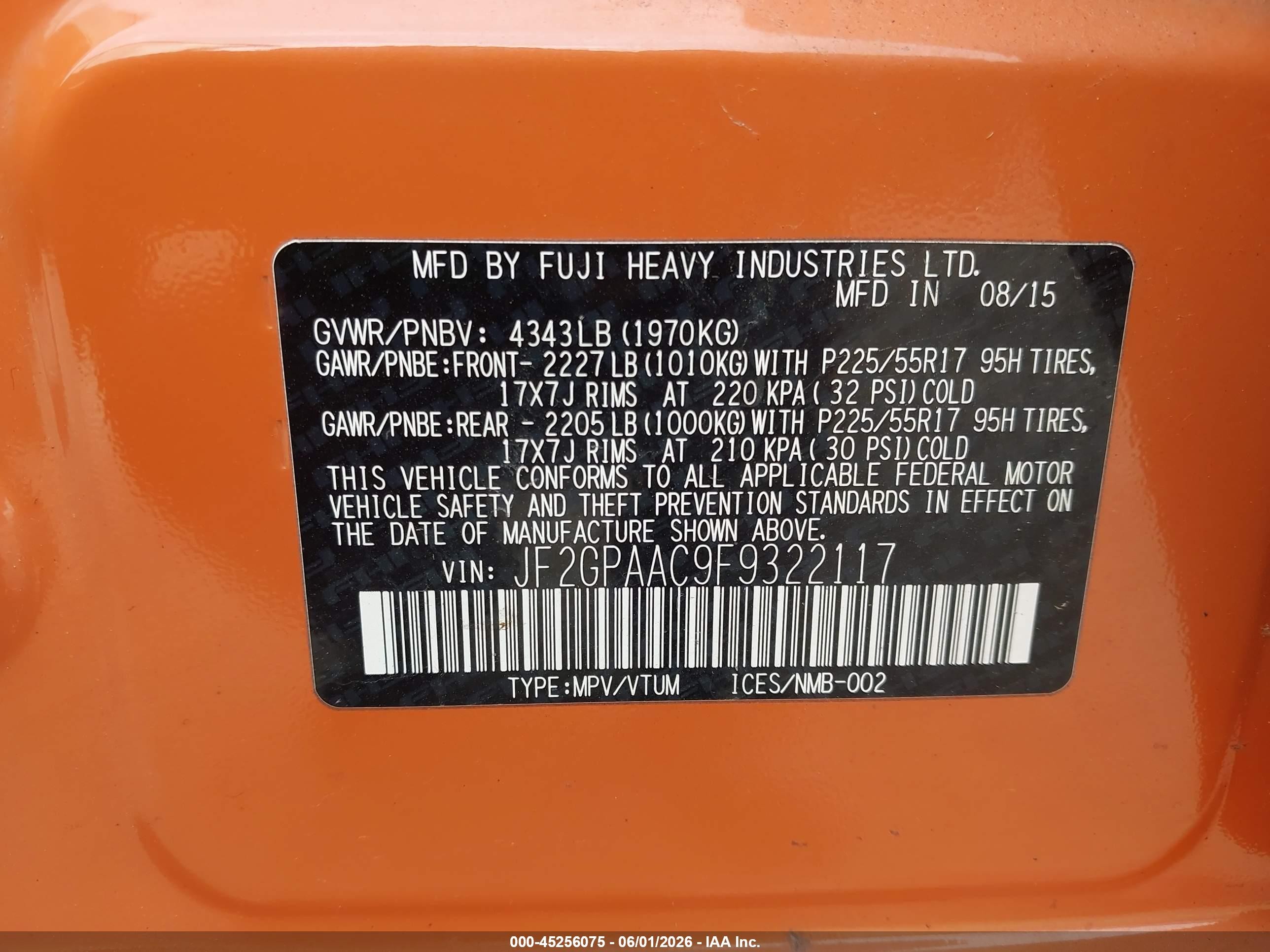 2015 Subaru Xv Crosstrek 2.0i Orange vin: JF2GPAAC9F9322117