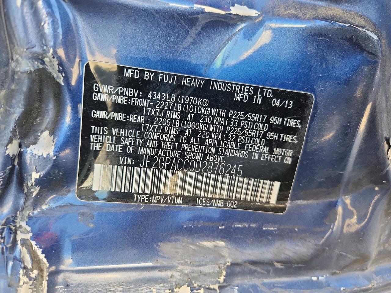 2013 Subaru Xv Crosstrek 2.0 Premium Blue vin: JF2GPACC0D2876245