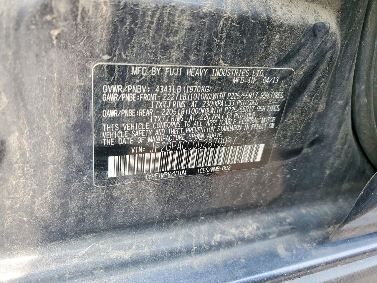 2013 Subaru Xv Crosstrek 2.0 Premium Charcoal vin: JF2GPACC0D2879937