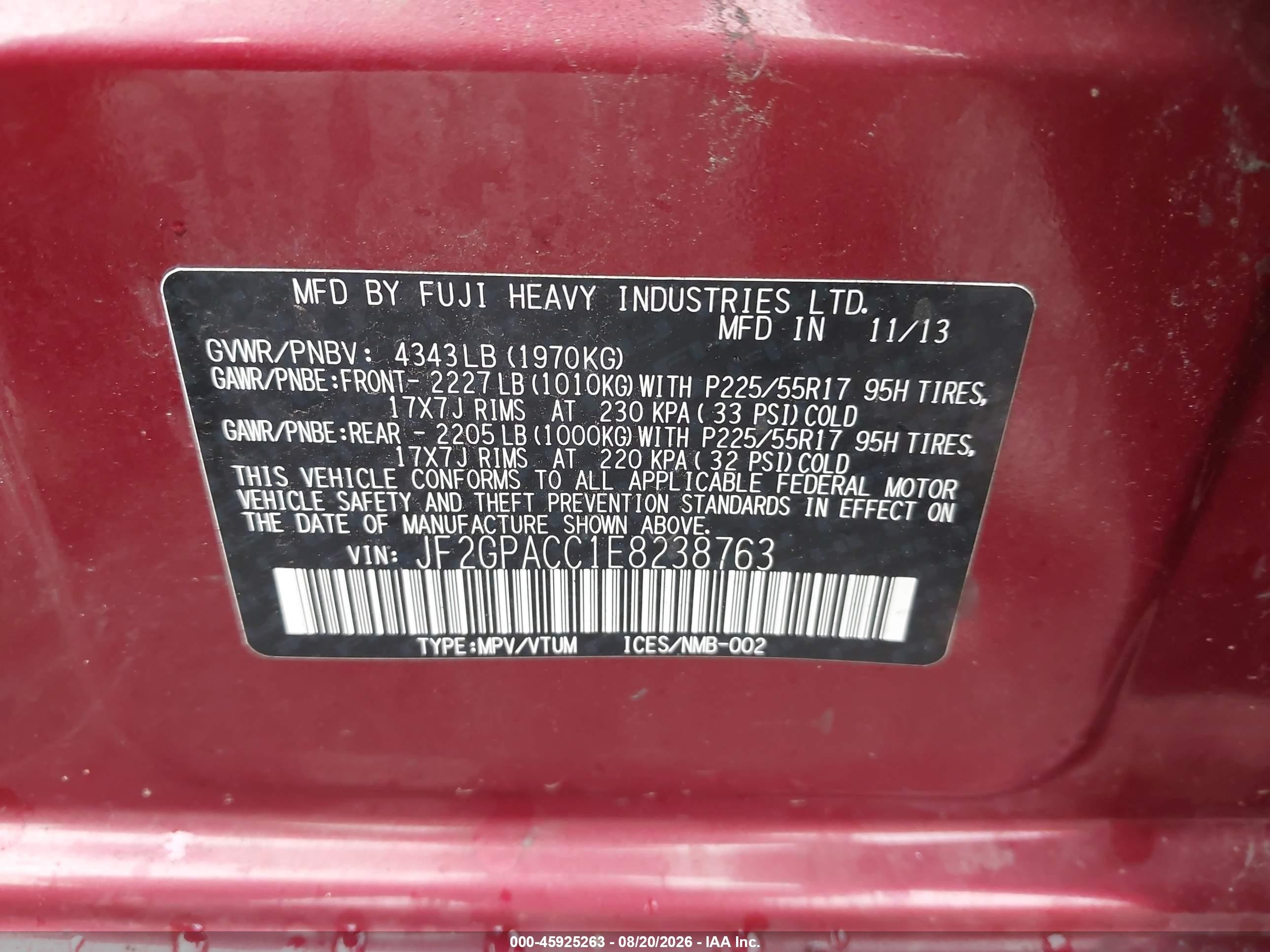 2014 Subaru Xv Crosstrek 2.0i Premium Red vin: JF2GPACC1E8238763