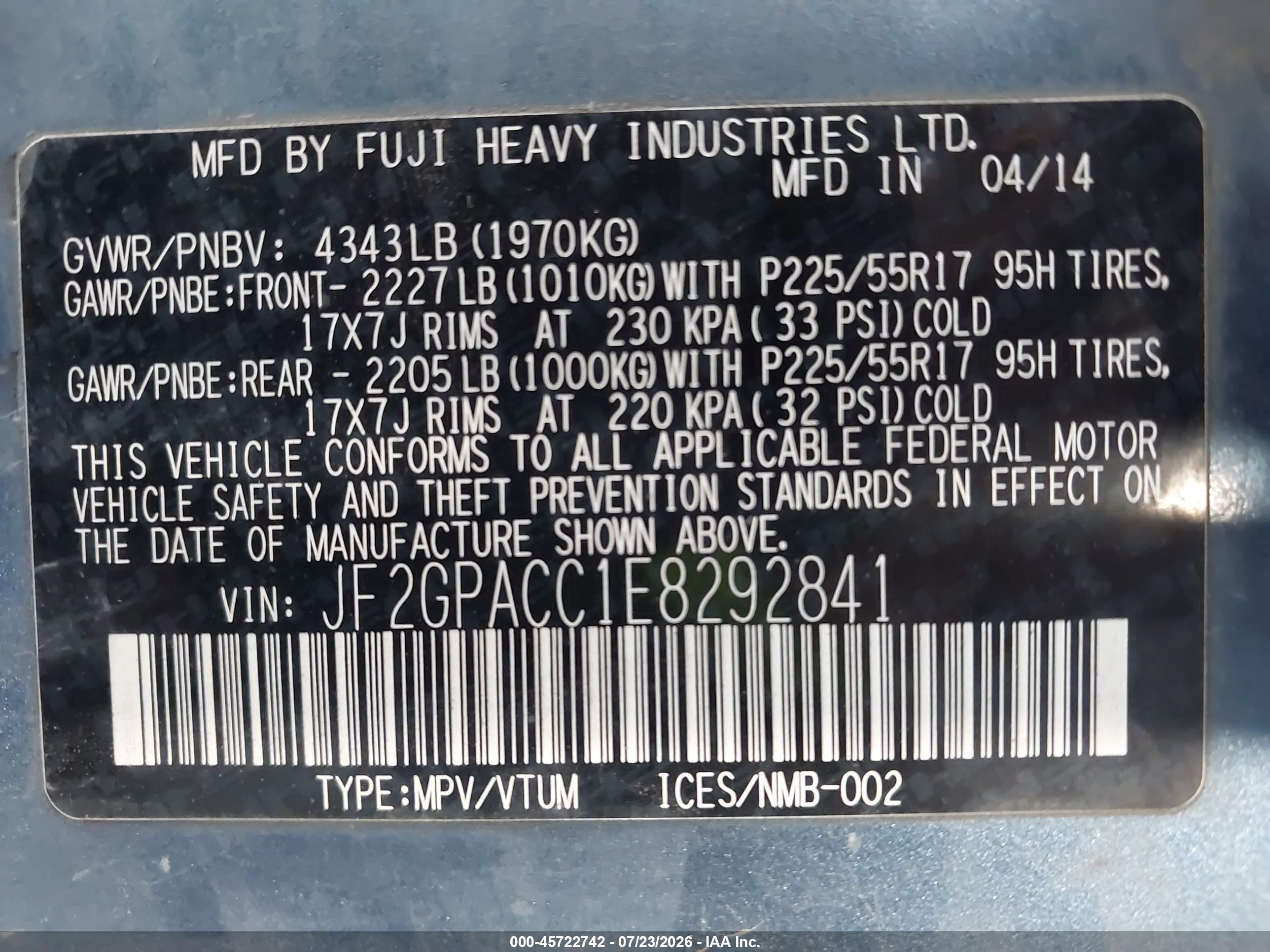 2014 Subaru Xv Crosstrek 2.0i Premium Light Blue vin: JF2GPACC1E8292841