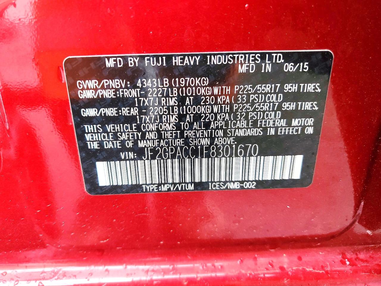 2015 Subaru Xv Crosstrek 2.0 Premium Red vin: JF2GPACC1F8301670