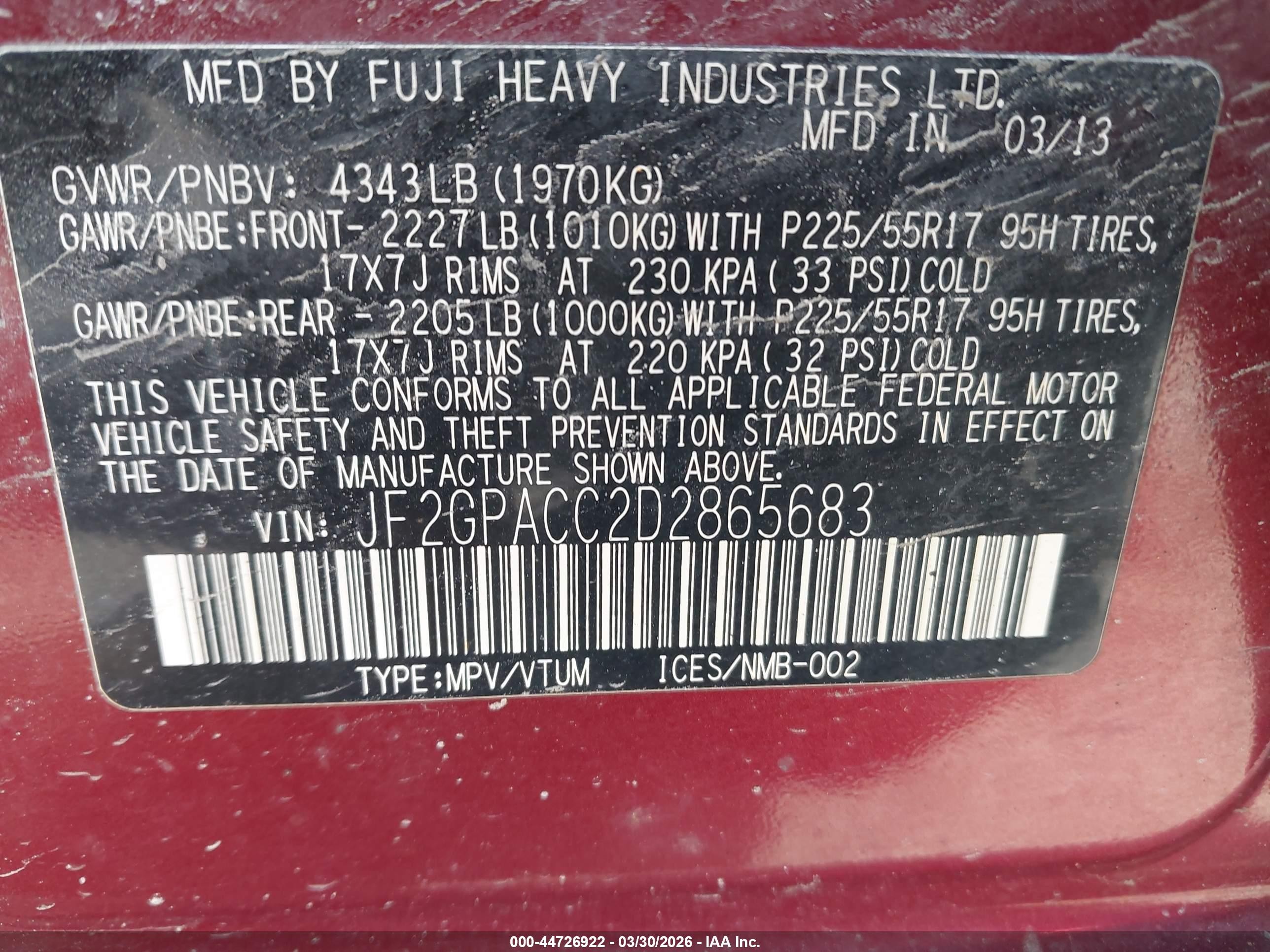2013 Subaru Xv Crosstrek 2.0i Premium Red vin: JF2GPACC2D2865683