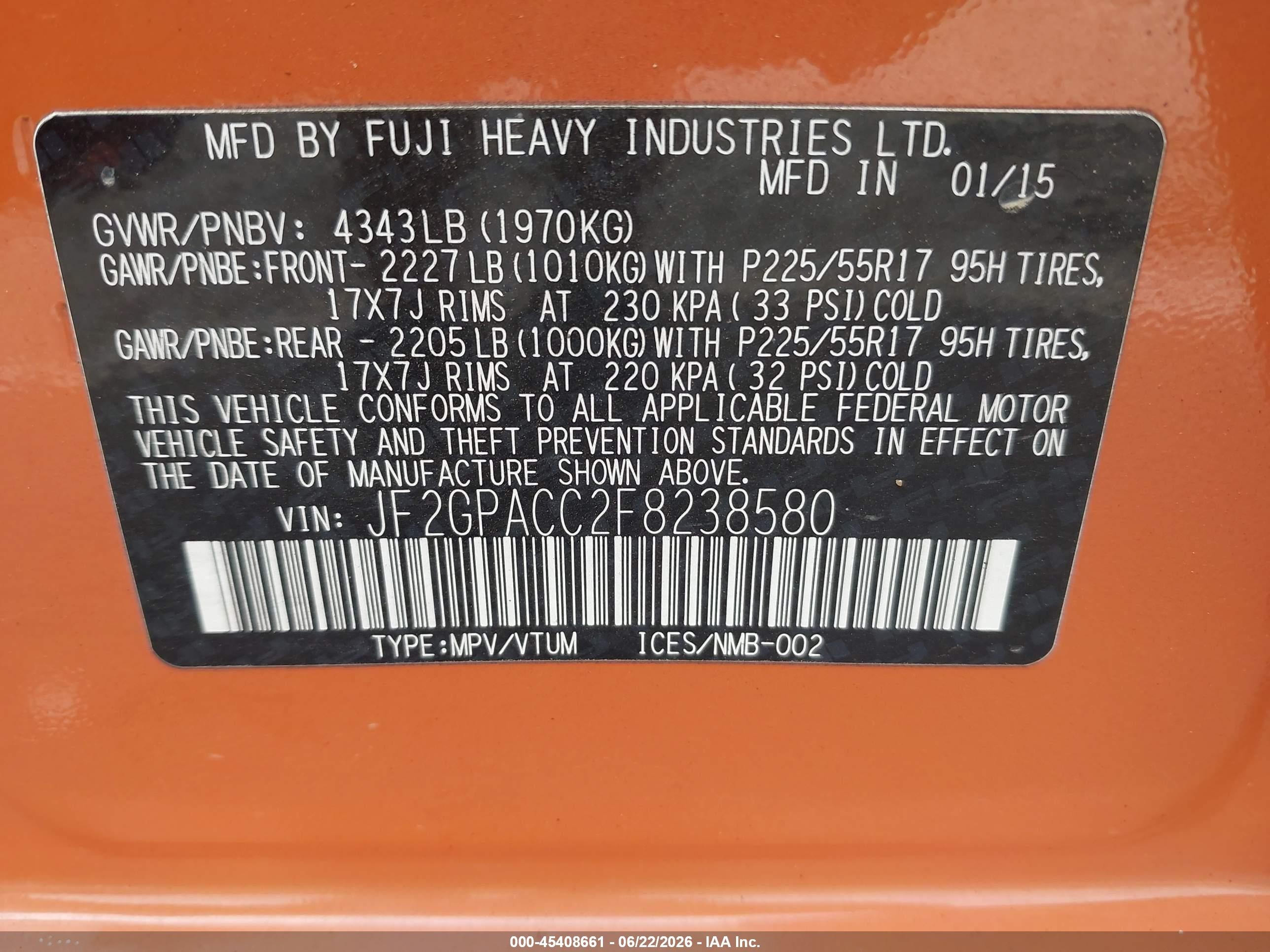 2015 Subaru Xv Crosstrek 2.0i Premium Оранжевый vin: JF2GPACC2F8238580