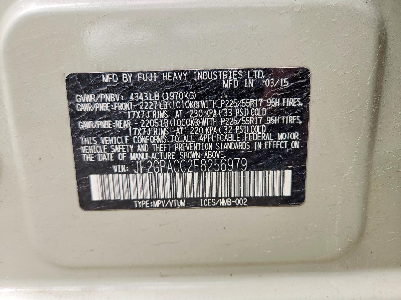 2015 Subaru Xv Crosstrek 2.0 Premium Tan vin: JF2GPACC2F8256979