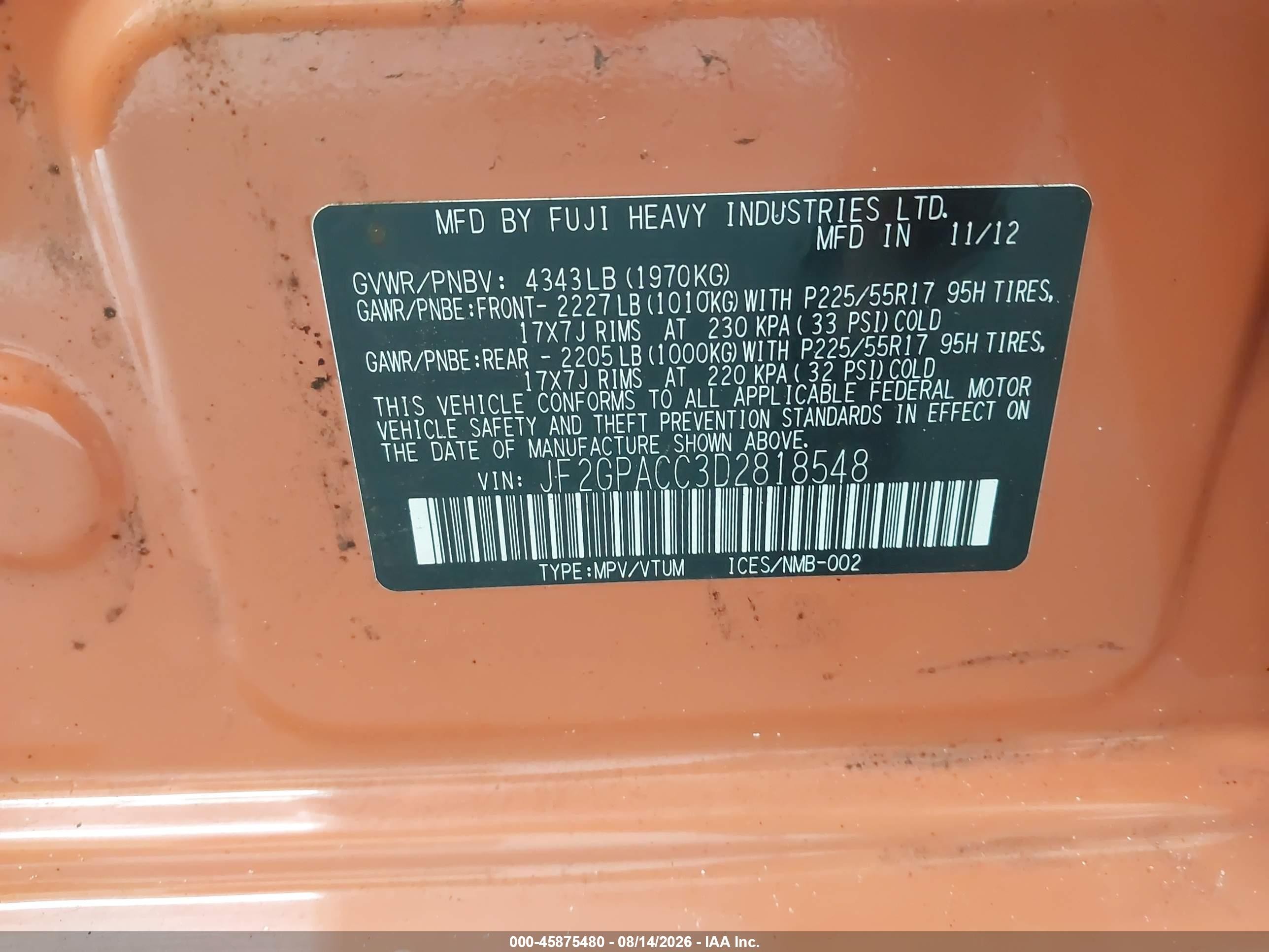 2013 Subaru Xv Crosstrek 2.0i Premium Оранжевый vin: JF2GPACC3D2818548