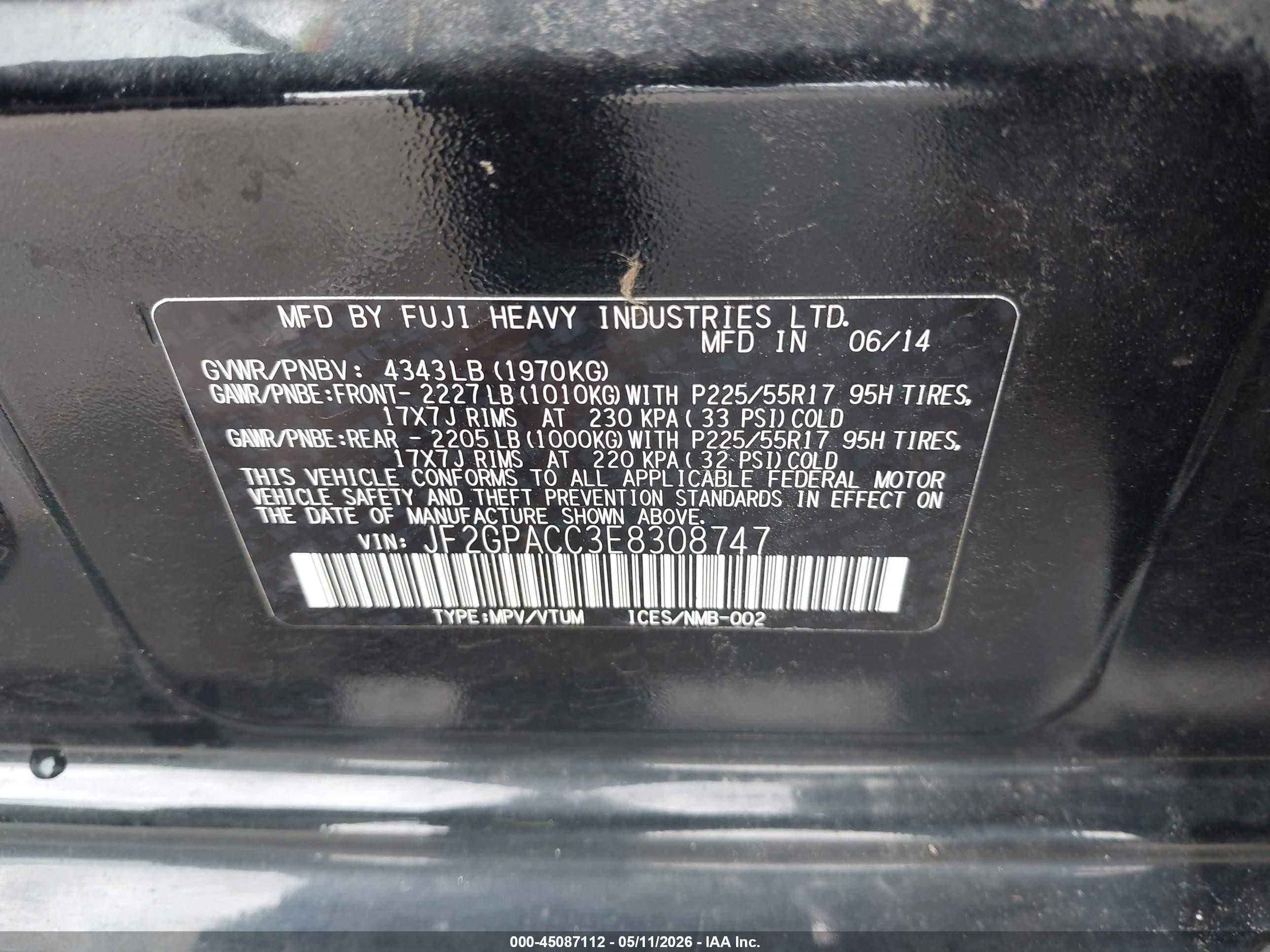 2014 Subaru Xv Crosstrek 2.0i Premium Black vin: JF2GPACC3E8308747