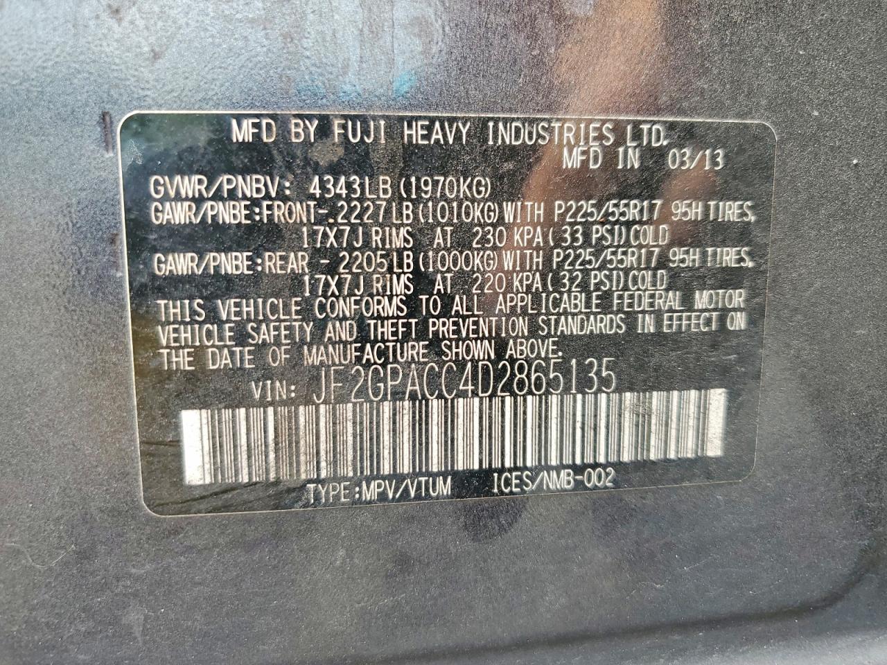 2013 Subaru Xv Crosstrek 2.0 Premium Charcoal vin: JF2GPACC4D2865135