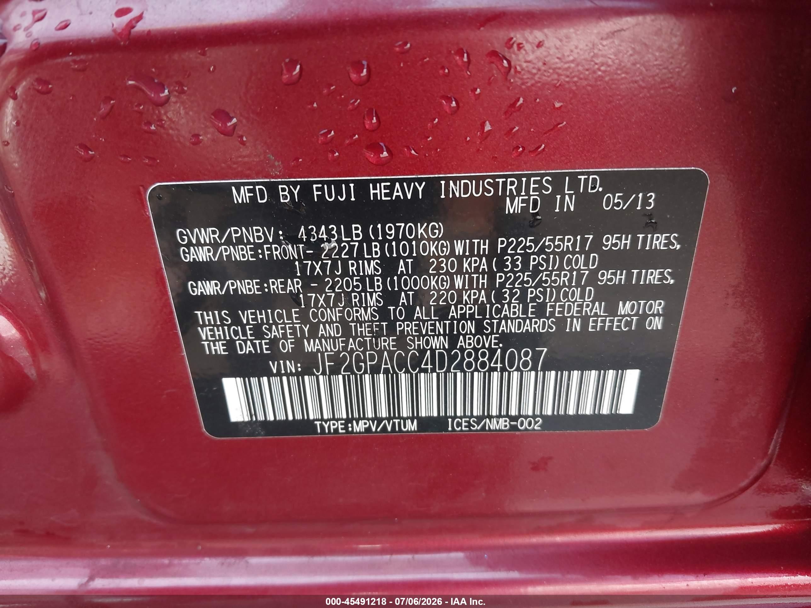 2013 Subaru Xv Crosstrek 2.0i Premium Red vin: JF2GPACC4D2884087