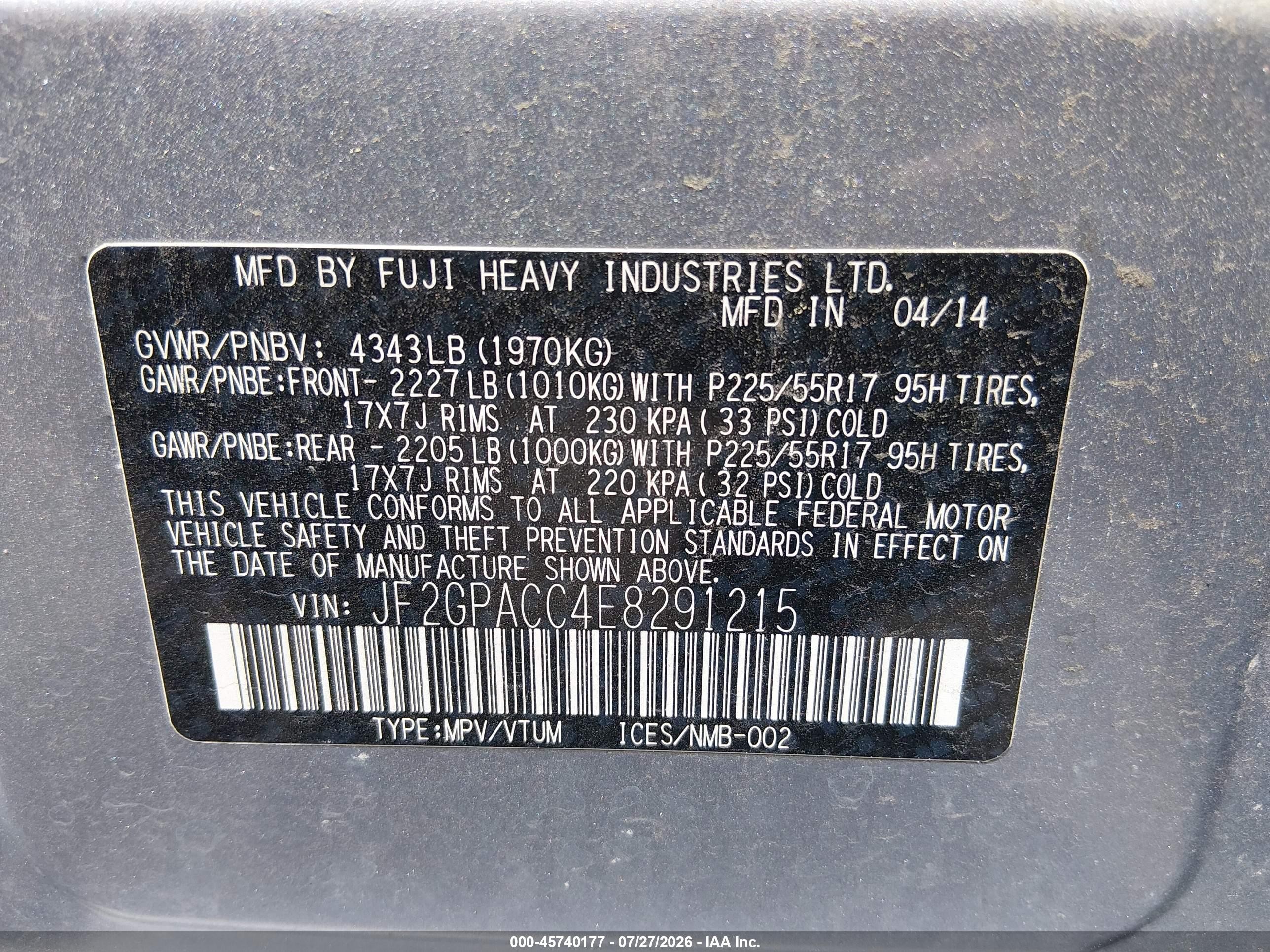 2014 Subaru Xv Crosstrek 2.0i Premium Gray vin: JF2GPACC4E8291215