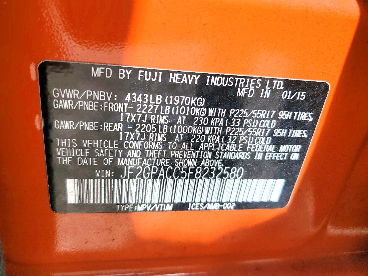 2015 Subaru Xv Crosstrek 2.0 Premium Orange vin: JF2GPACC5F8232580