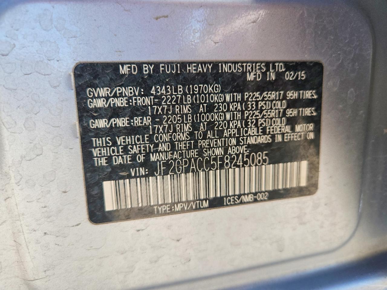 2015 Subaru Xv Crosstrek 2.0 Premium Silver vin: JF2GPACC5F8245085